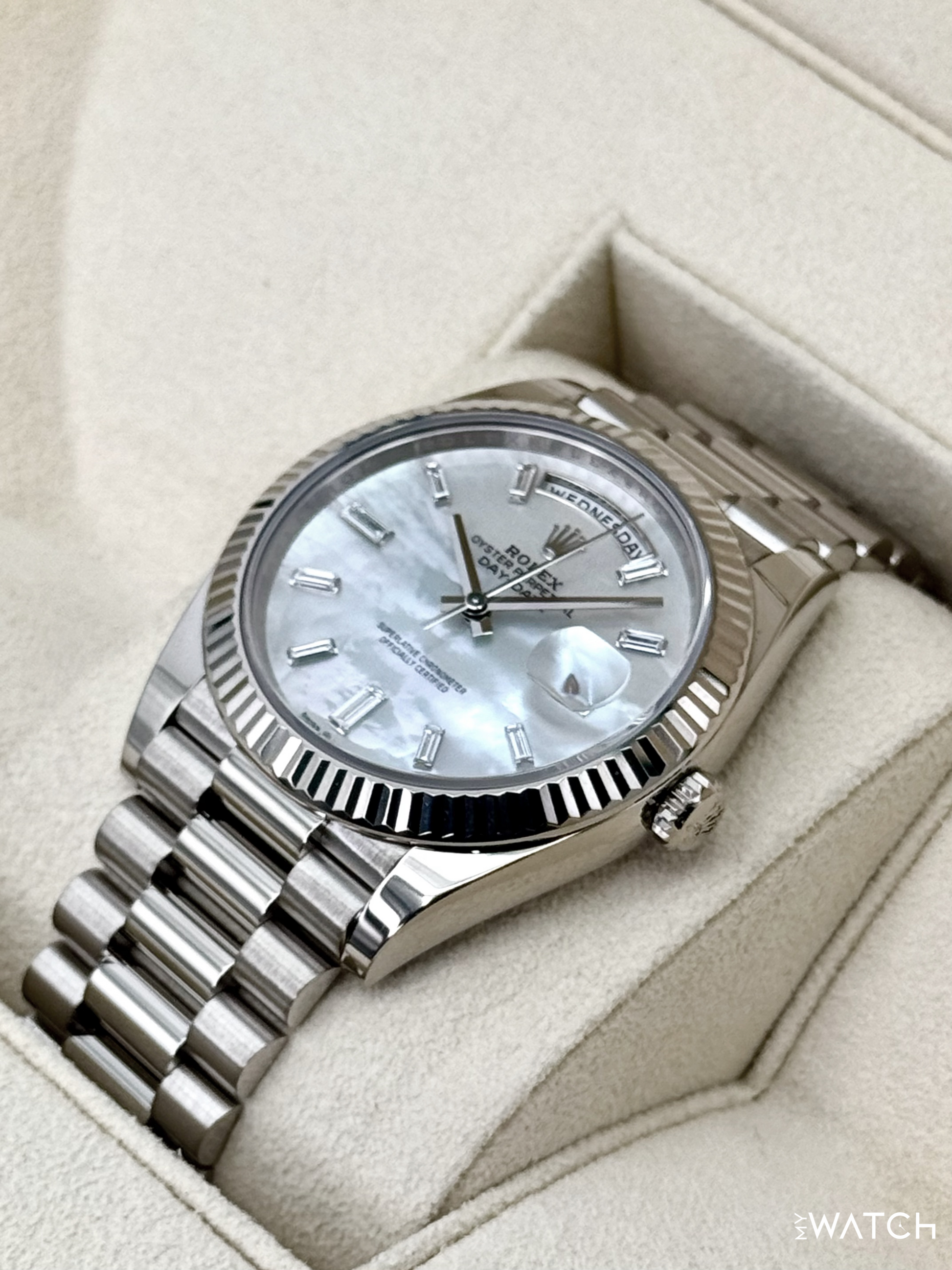 2024 Rolex Day-Date 40mm 228239 Presidential White Gold MOP Diamond Dial - MyWatchLLC