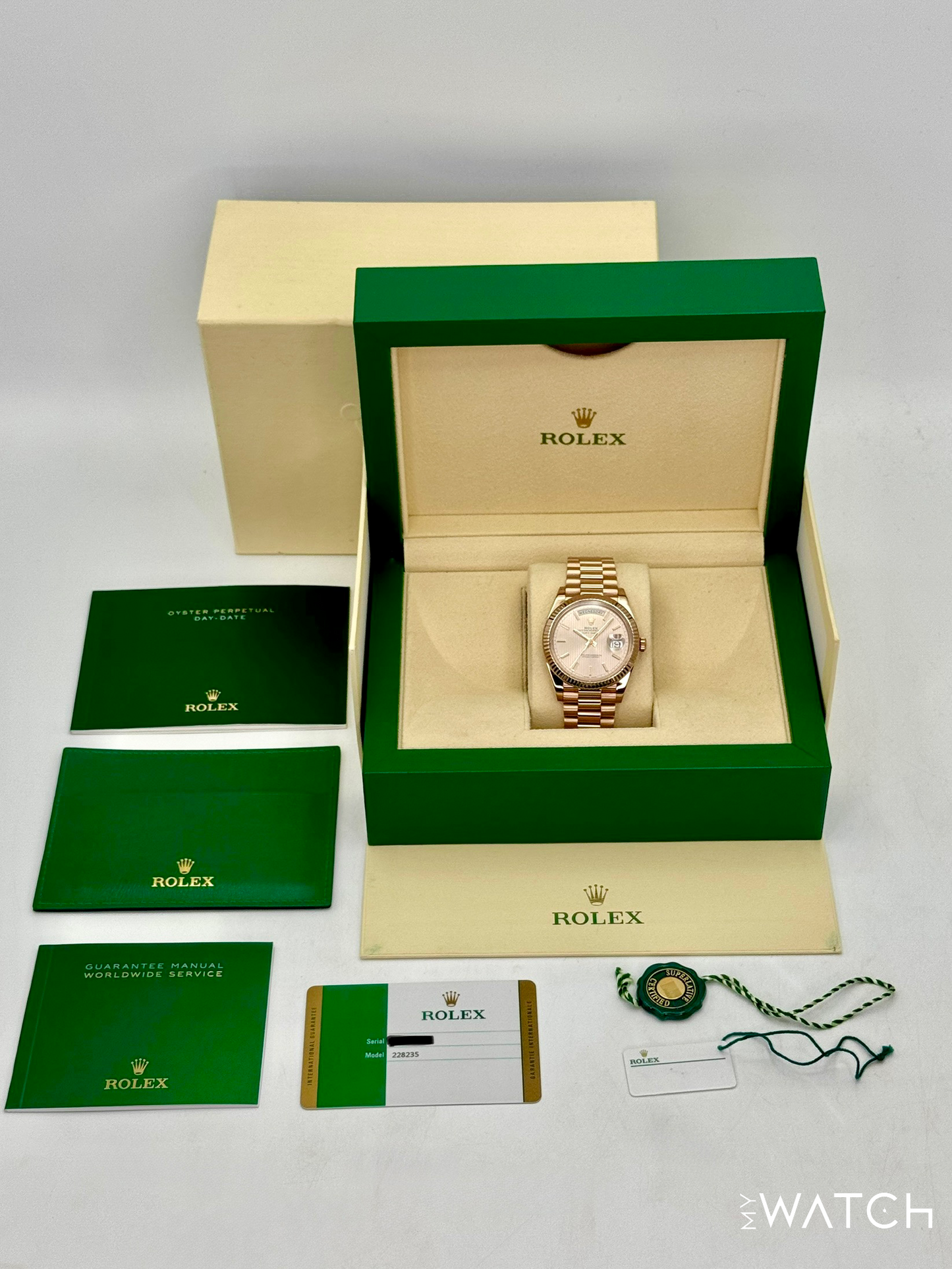 2018 Rolex Day-Date 40mm 228235 Presidential Rose Gold Stripe Motif Dial