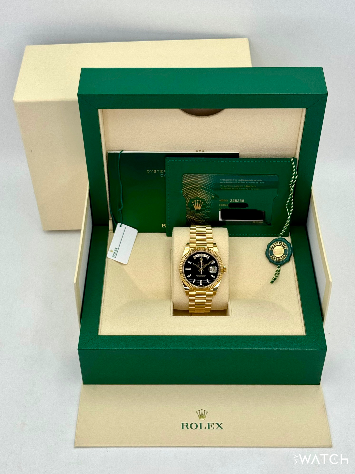 2022 Rolex Day-Date 40mm 228238 Yellow Gold Black Onyx Diamond Dial