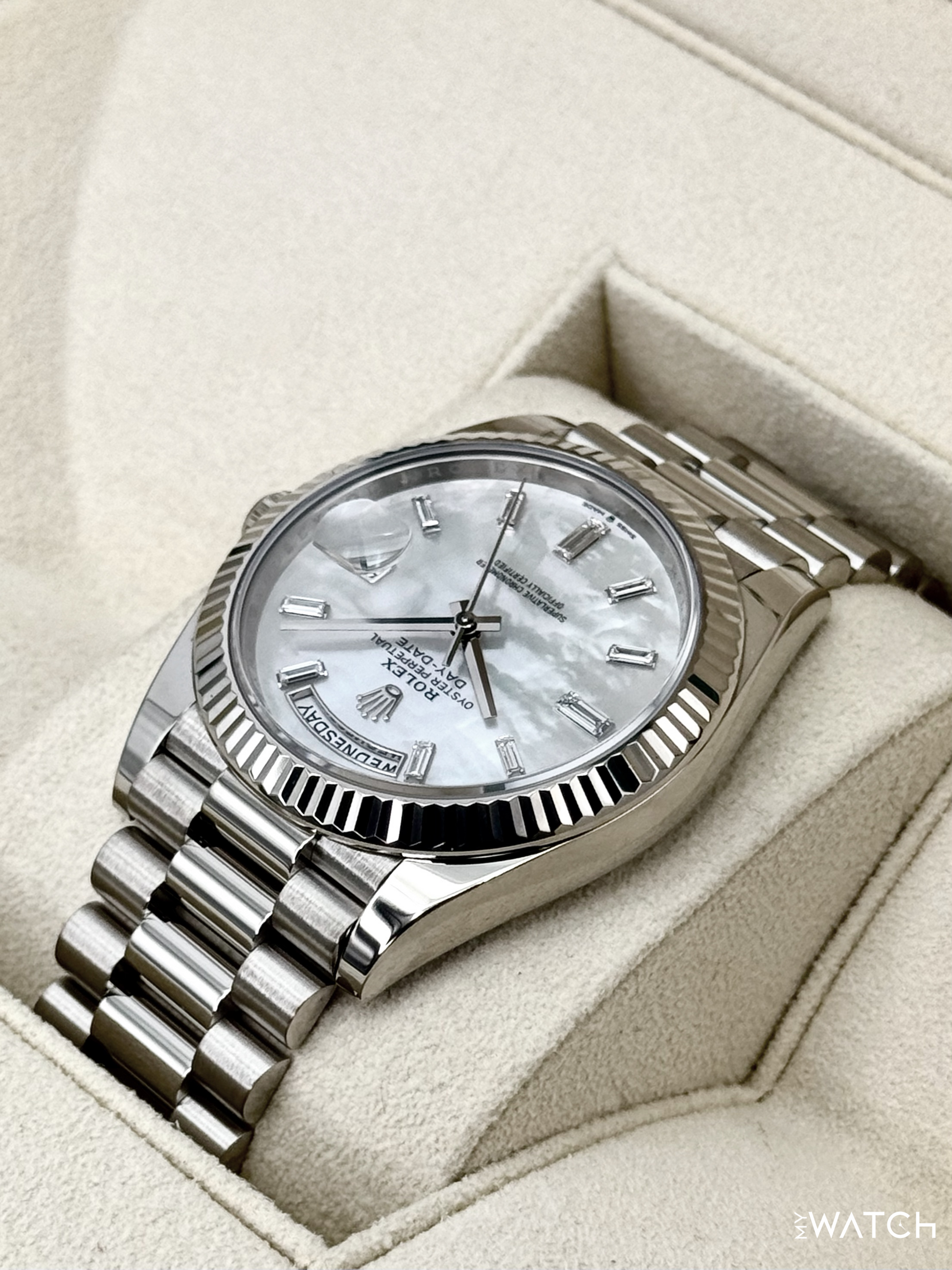 2024 Rolex Day-Date 40mm 228239 Presidential White Gold MOP Diamond Dial - MyWatchLLC