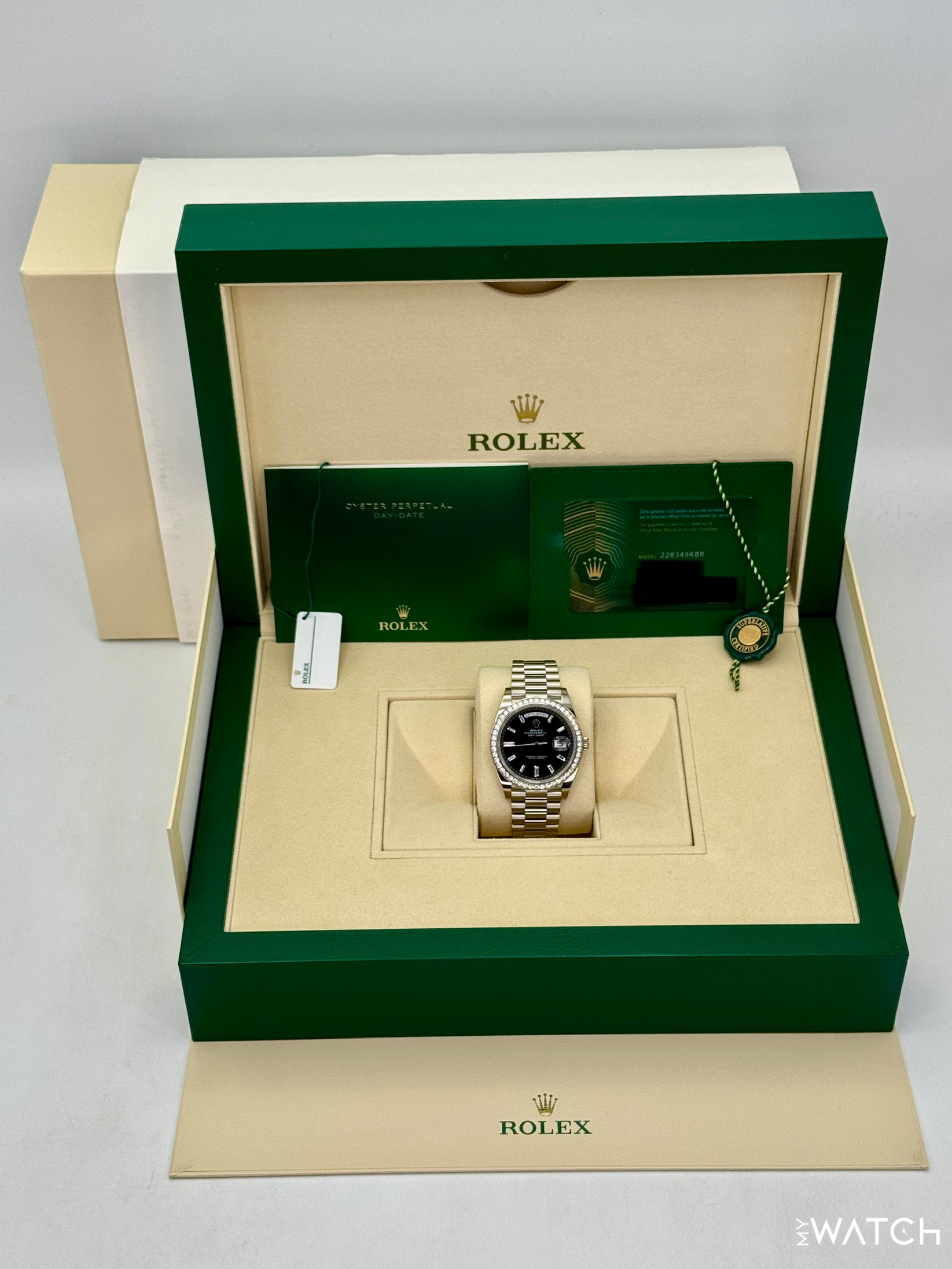 2023 Rolex Day-Date 40mm 228349RBR Presidential Black Diamond Baguette Dial - MyWatchLLC