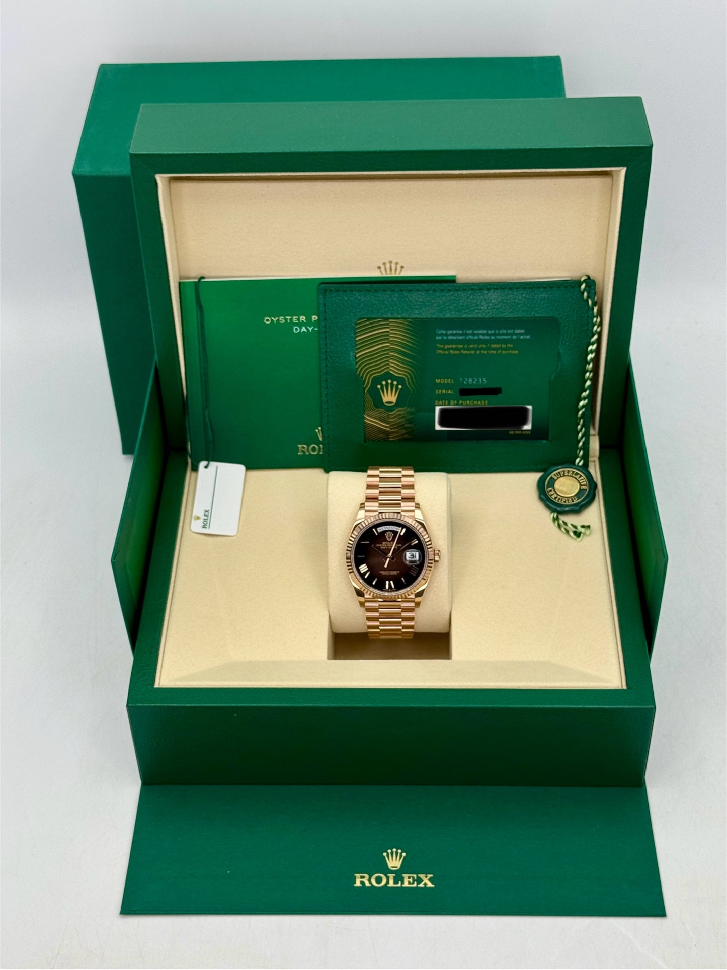 NEW 2026 Rolex Day-Date 36mm 128235 Rose Gold Brown Ombre Dial