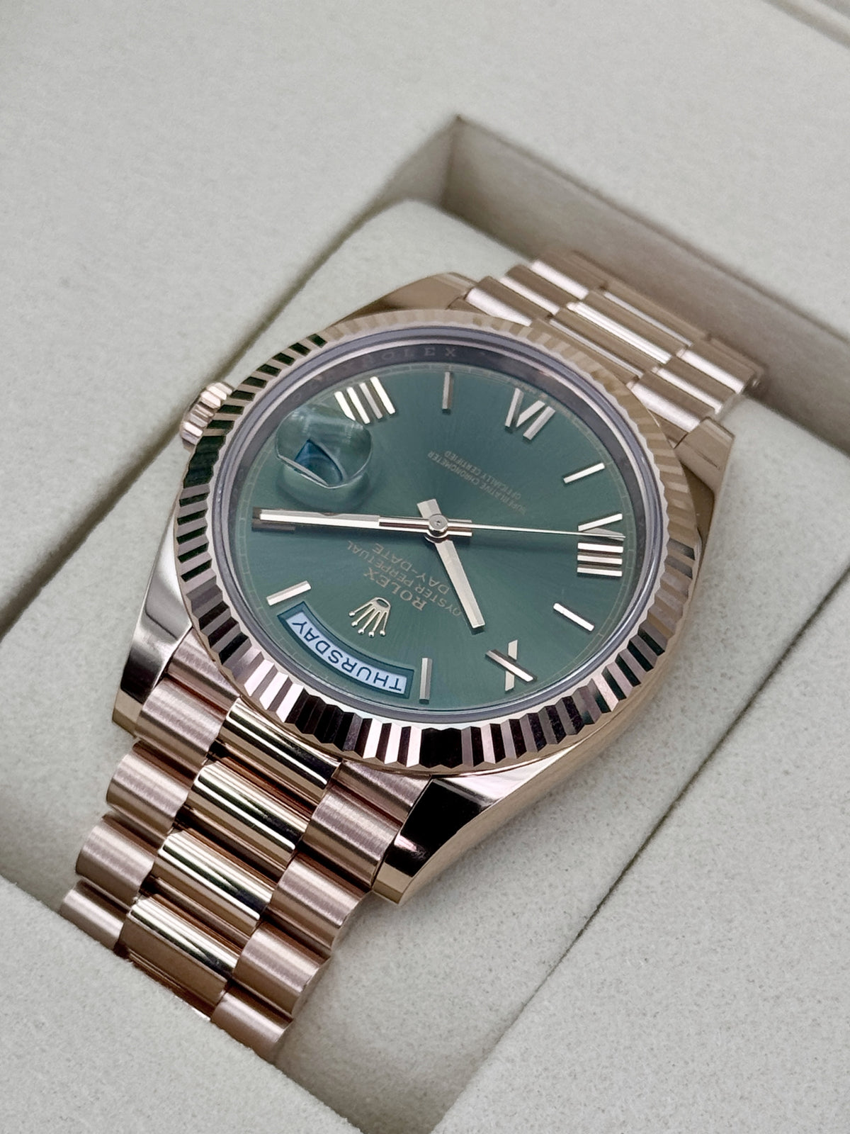 NEW 2026 Rolex Day-Date 40mm 228235 Presidential Rose Gold Olive Green Dial (NEW STYLE CARD)