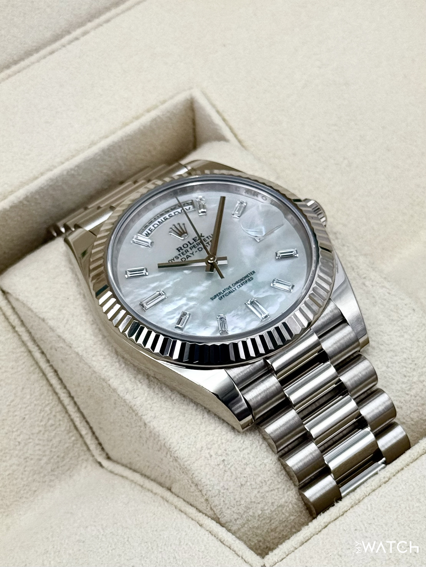 2024 Rolex Day-Date 40mm 228239 Presidential White Gold MOP Diamond Dial - MyWatchLLC