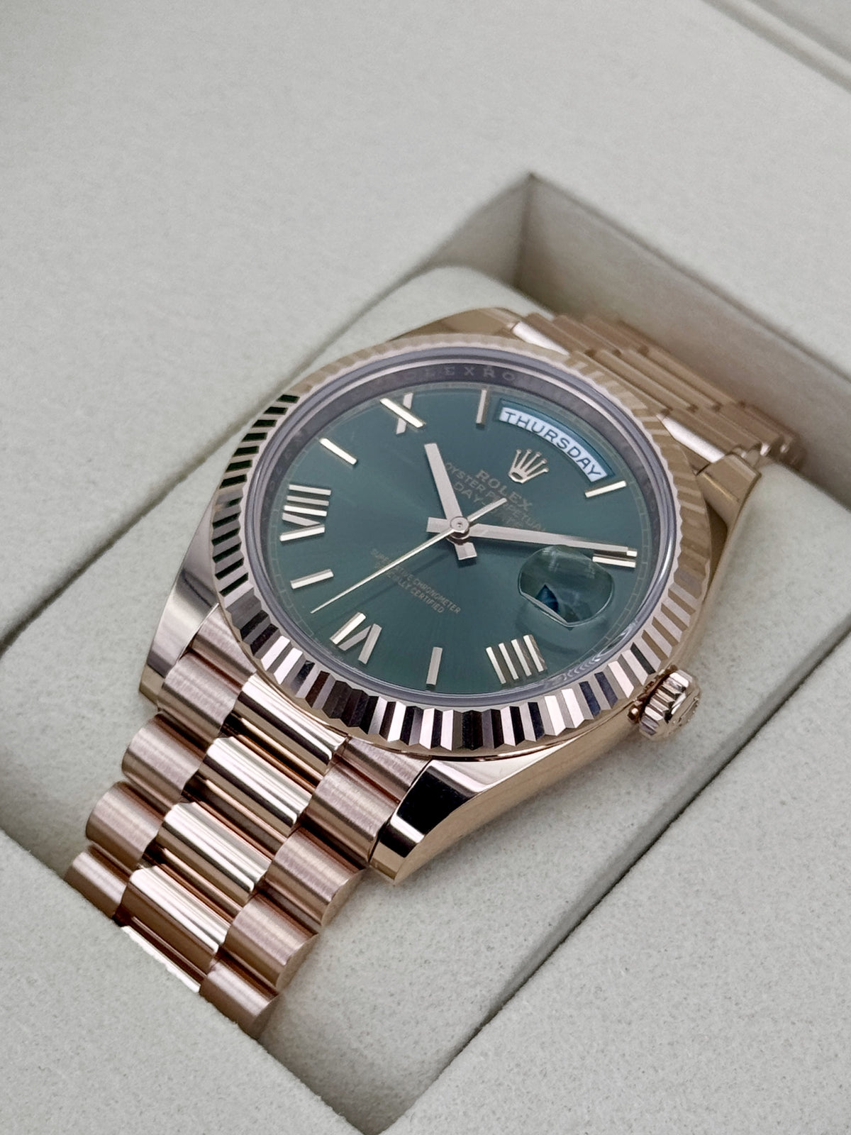 NEW 2026 Rolex Day-Date 40mm 228235 Presidential Rose Gold Olive Green Dial (NEW STYLE CARD)