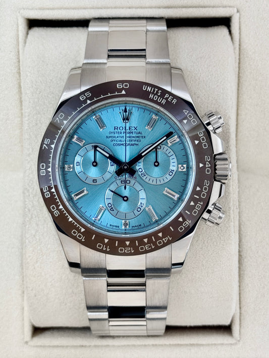 2020 Rolex Daytona 40mm 116506 Platinum Ice Blue Diamond Baguette Dial