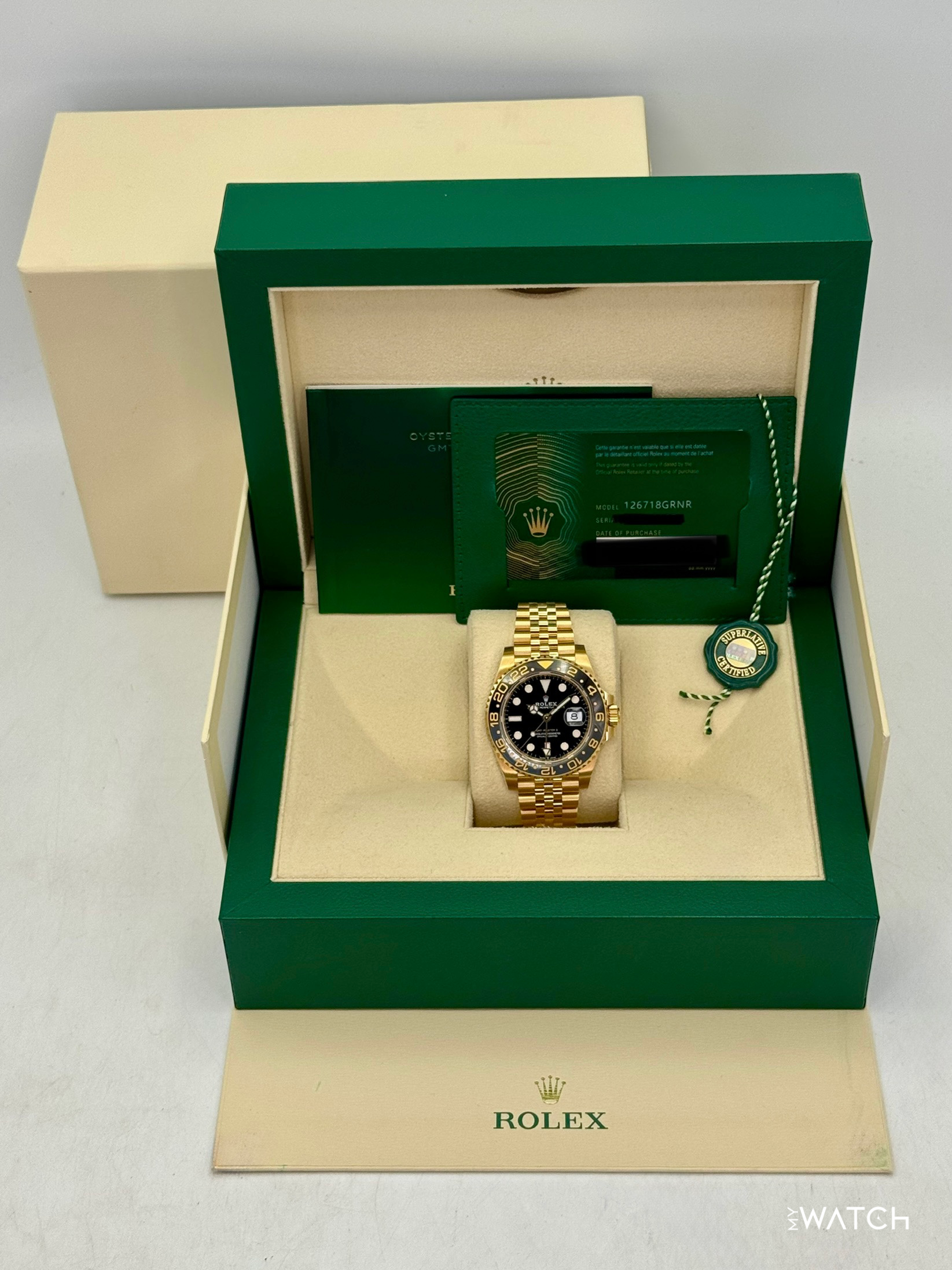 2023 Rolex GMT-Master II 40mm 126718GRNR Yellow Gold Jubilee Black Dial - MyWatchLLC