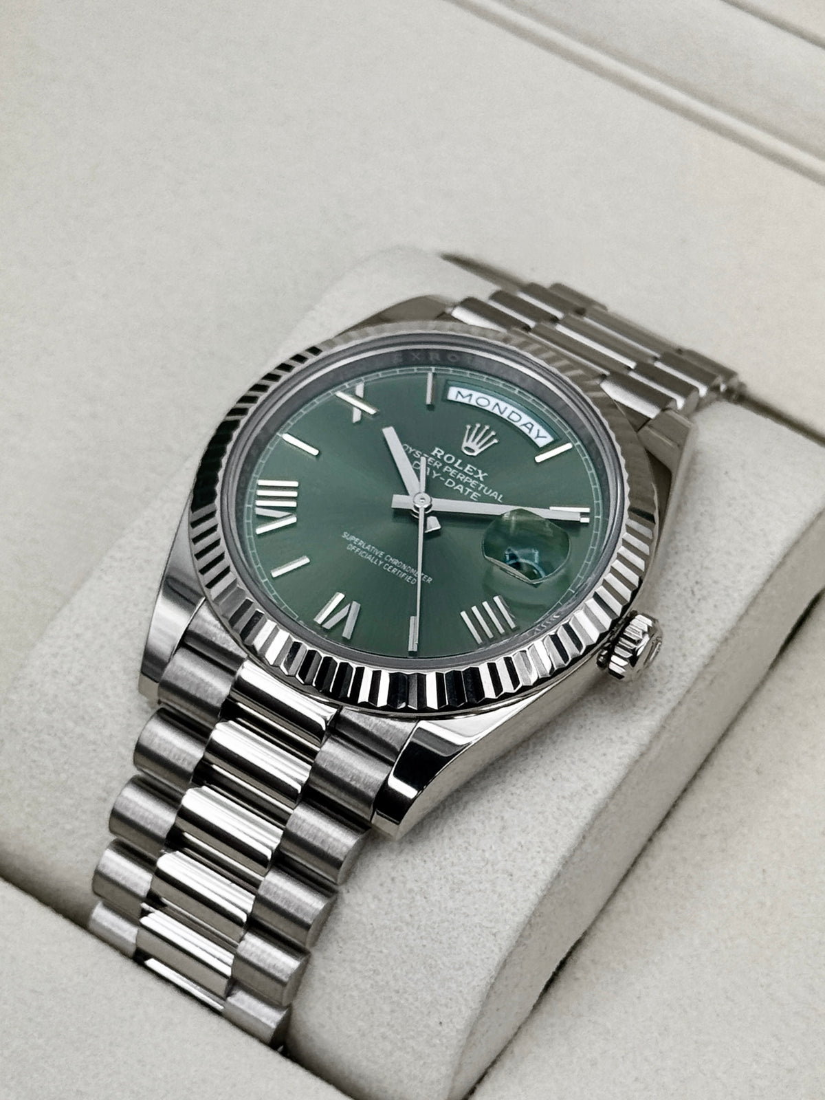 2025 Rolex Day-Date 40mm 228239 Presidential White Gold Olive Dial