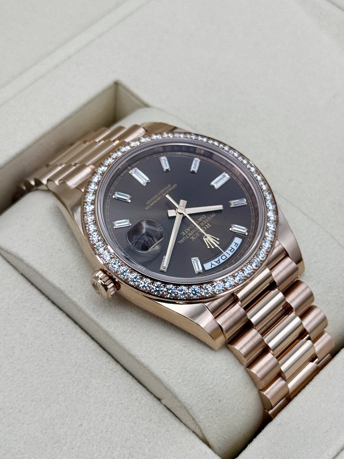NEW 2026 Rolex Day-Date 40mm 228345RBR Rose Gold Chocolate Diamond Dial (NEW STYLE CARD and STICKERED)