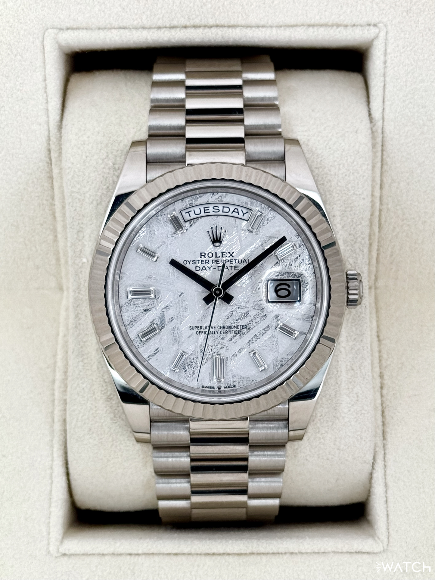2025 Rolex Day-Date 40mm 228239 Presidential White Gold Meteorite Diamond Dial