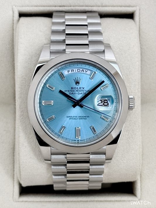 2021 Rolex Day-Date 40mm 228206 Platinum Ice Blue Diamond Dial - MyWatchLLC