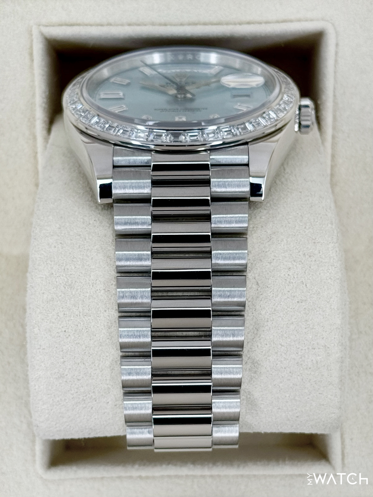 2022 Rolex Day-Date 40mm 228396TBR Ice Blue Diamond Baguette Dial