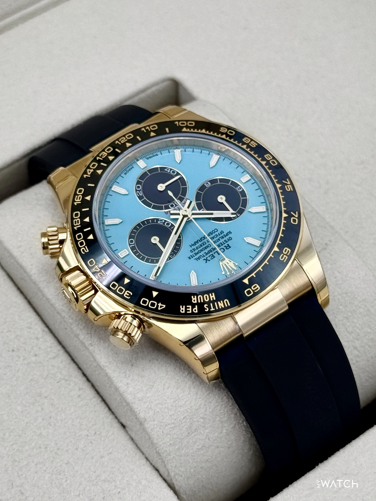 NEW 2026 Rolex Daytona 40mm 126518LN Yellow Gold Oysterflex Turquoise Dial (STICKERED) - MyWatchLLC