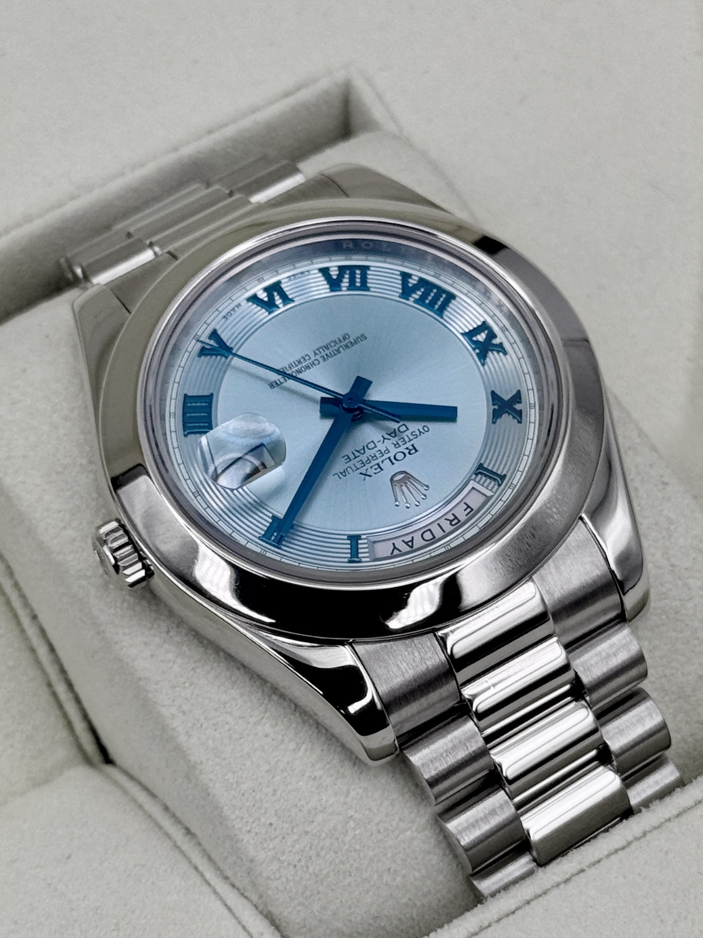 2014 Rolex Day-Date II 41mm 218206 Platinum Ice Blue Roman Numeral Dial