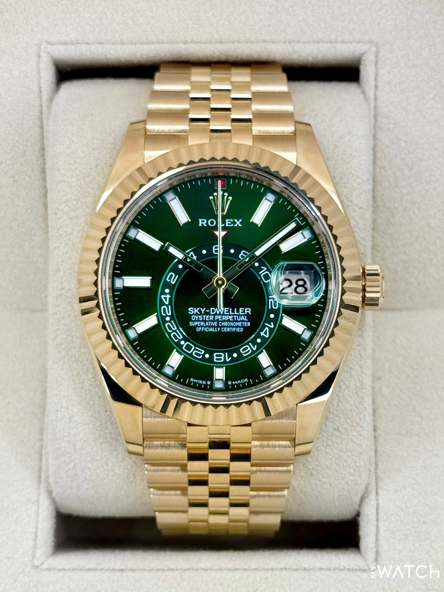 2025 Rolex Sky-Dweller 42mm 336938 Yellow Gold Jubilee Green Dial - MyWatchLLC