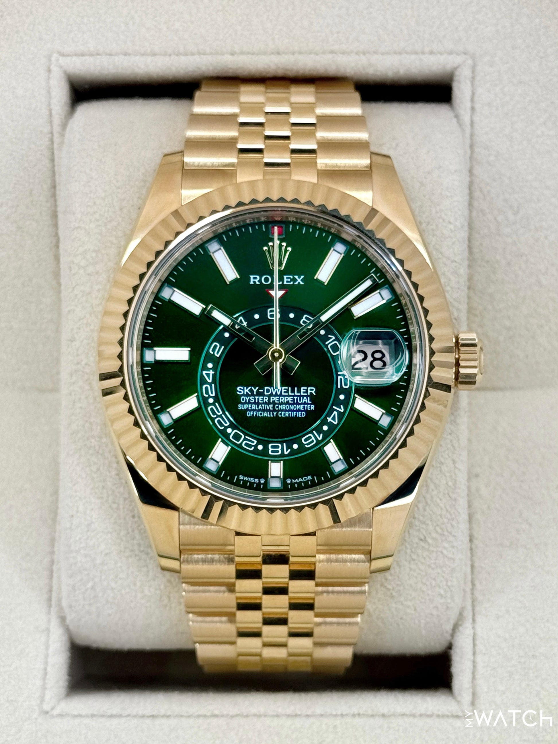 2025 Rolex Sky-Dweller 42mm 336938 Yellow Gold Jubilee Green Dial - MyWatchLLC