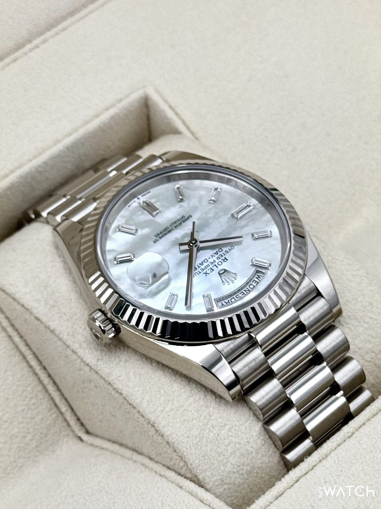 2024 Rolex Day-Date 40mm 228239 Presidential White Gold MOP Diamond Dial - MyWatchLLC