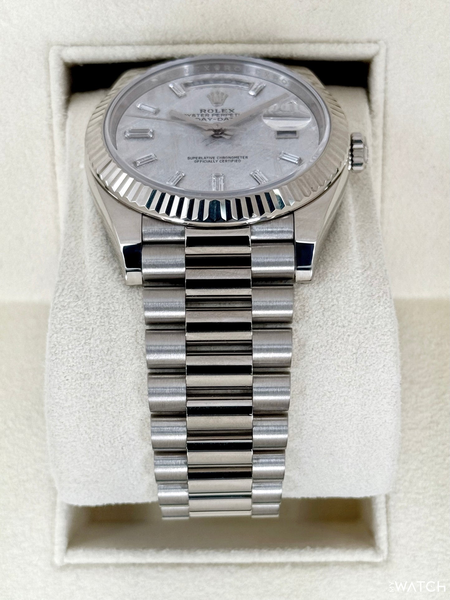 2025 Rolex Day-Date 40mm 228239 Presidential White Gold Meteorite Diamond Dial