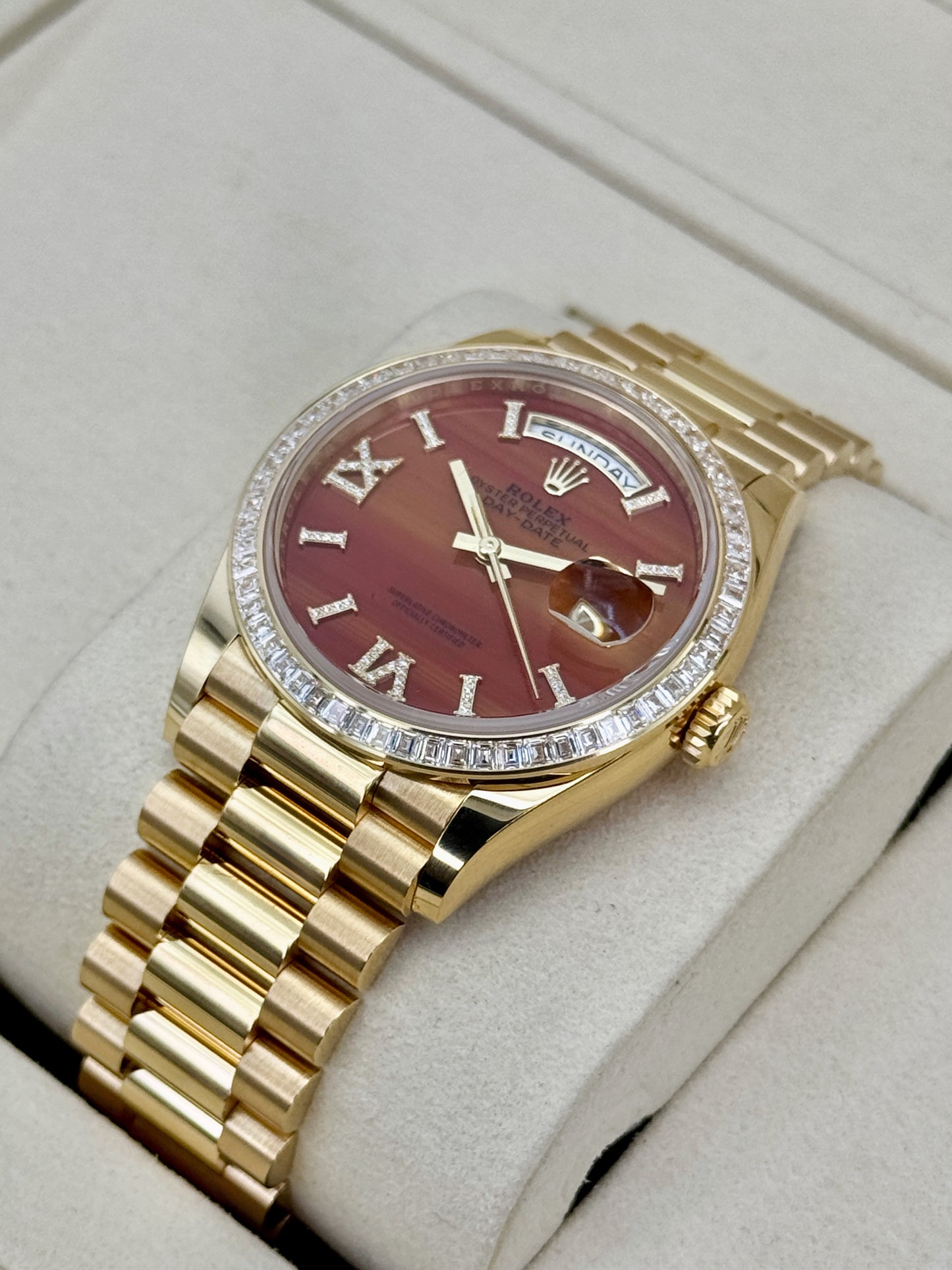 NEW 2026 Rolex Day-Date 36mm 128398TBR Presidential Yellow Gold Carnelian Diamond Dial