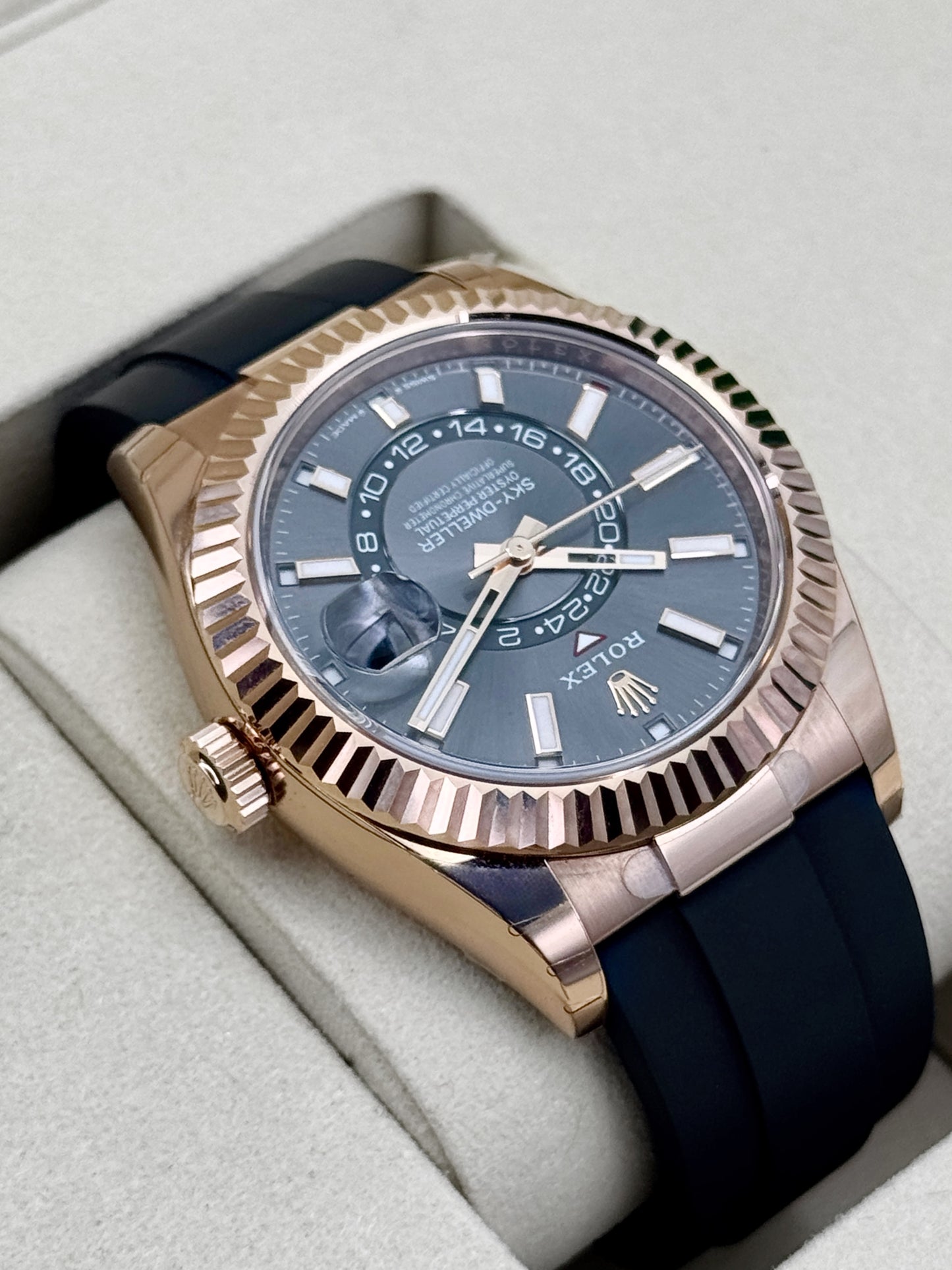 NEW 2026 Rolex Sky-Dweller 42mm 336235 Rose Gold Oysterflex Rhodium Dial - STICKERED