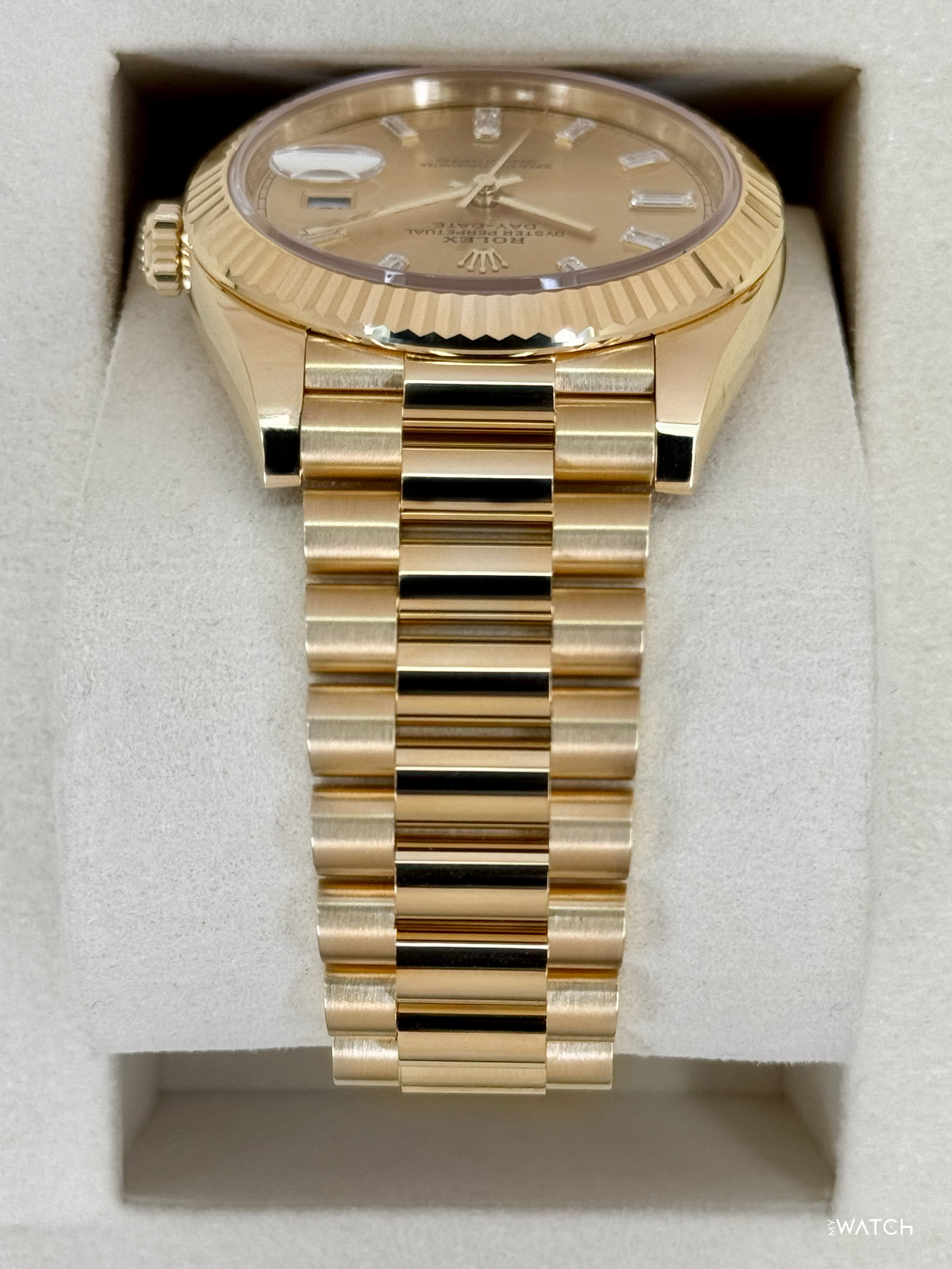 NEW 2026 Rolex Day-Date 40mm 228238 Champagne Diamond Baguette Dial - MyWatchLLC