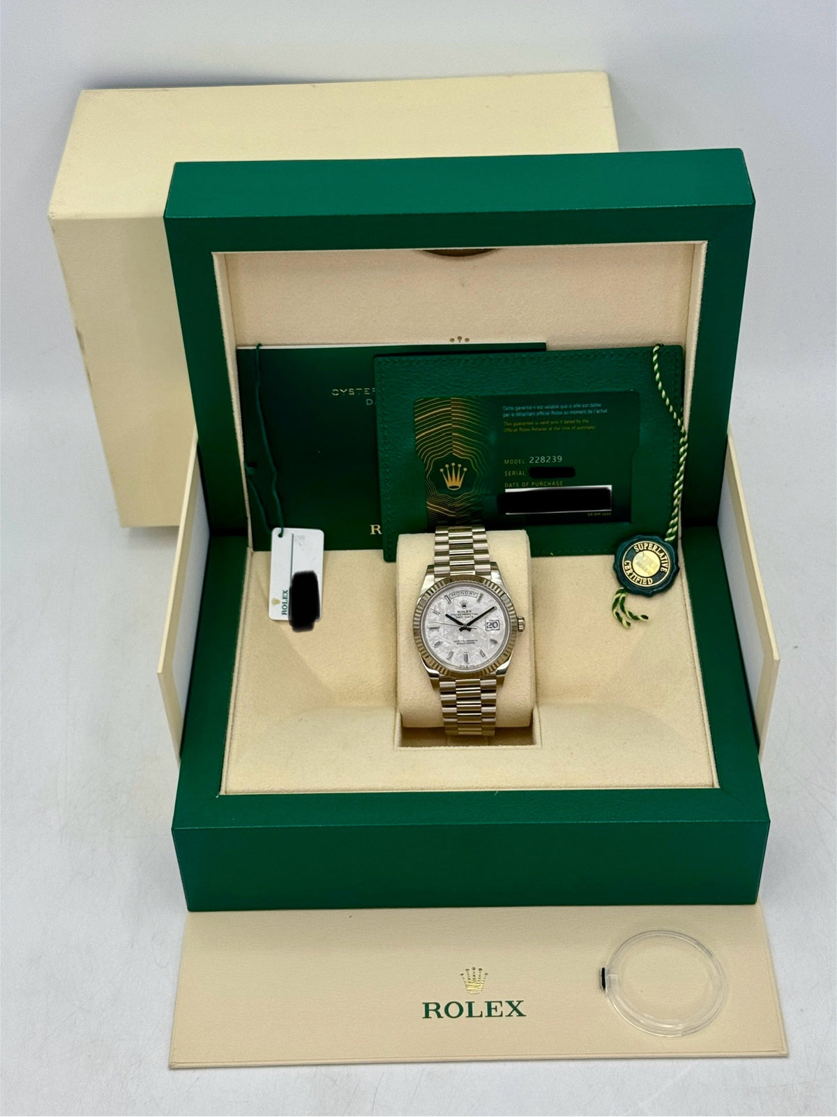 2023 Rolex Day-Date 40mm 228239 Presidential White Gold Meteorite Diamond Dial (CPO)