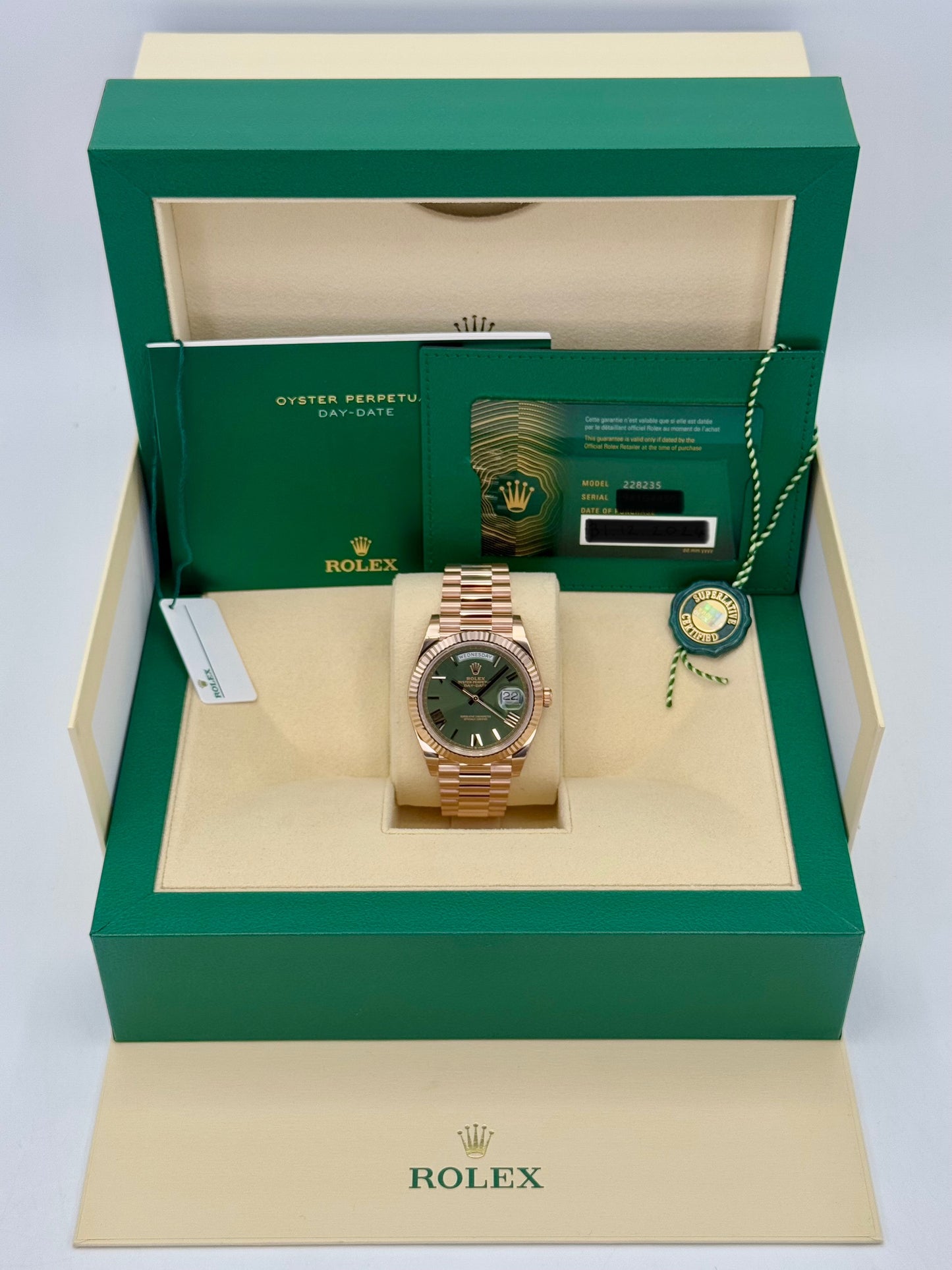 NEW 2025 Rolex Day-Date 40mm 228235 Presidential Rose Gold Olive Dial