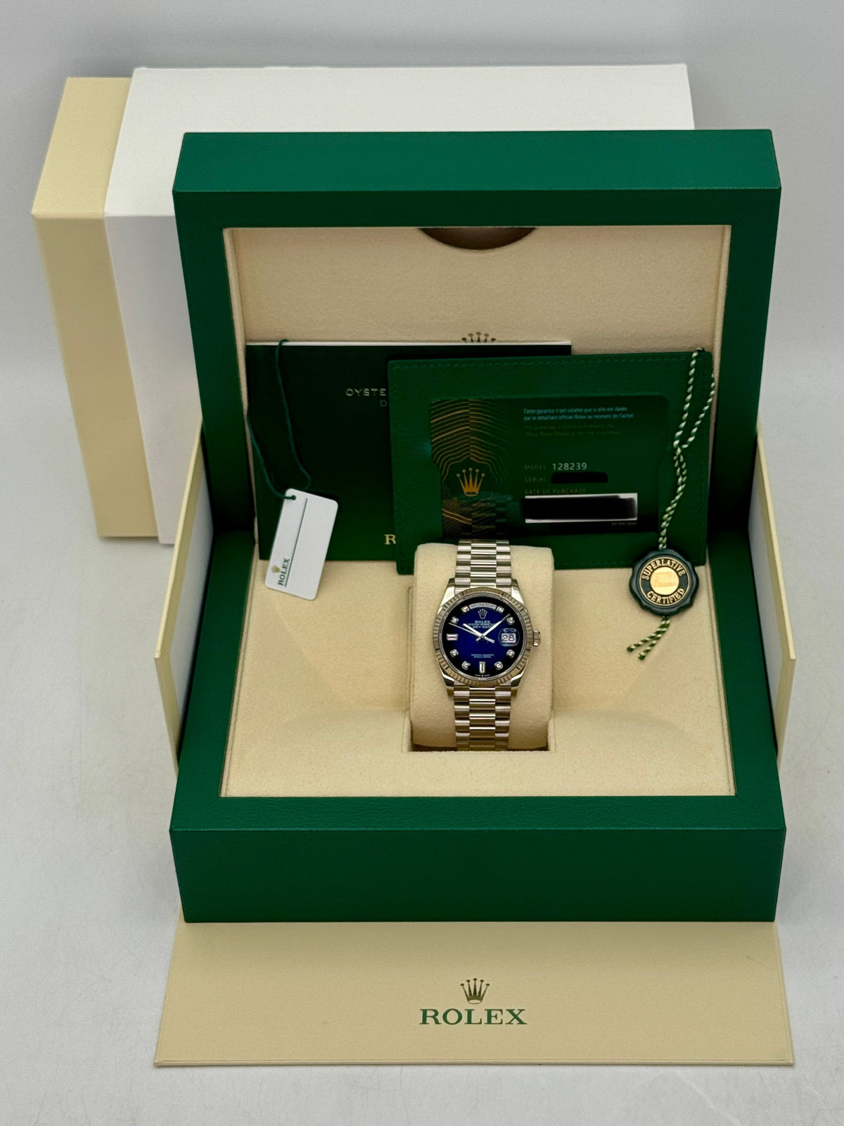 2024 Rolex Day-Date 36mm 128239 Presidential White Gold Blue Ombre Diamond Dial