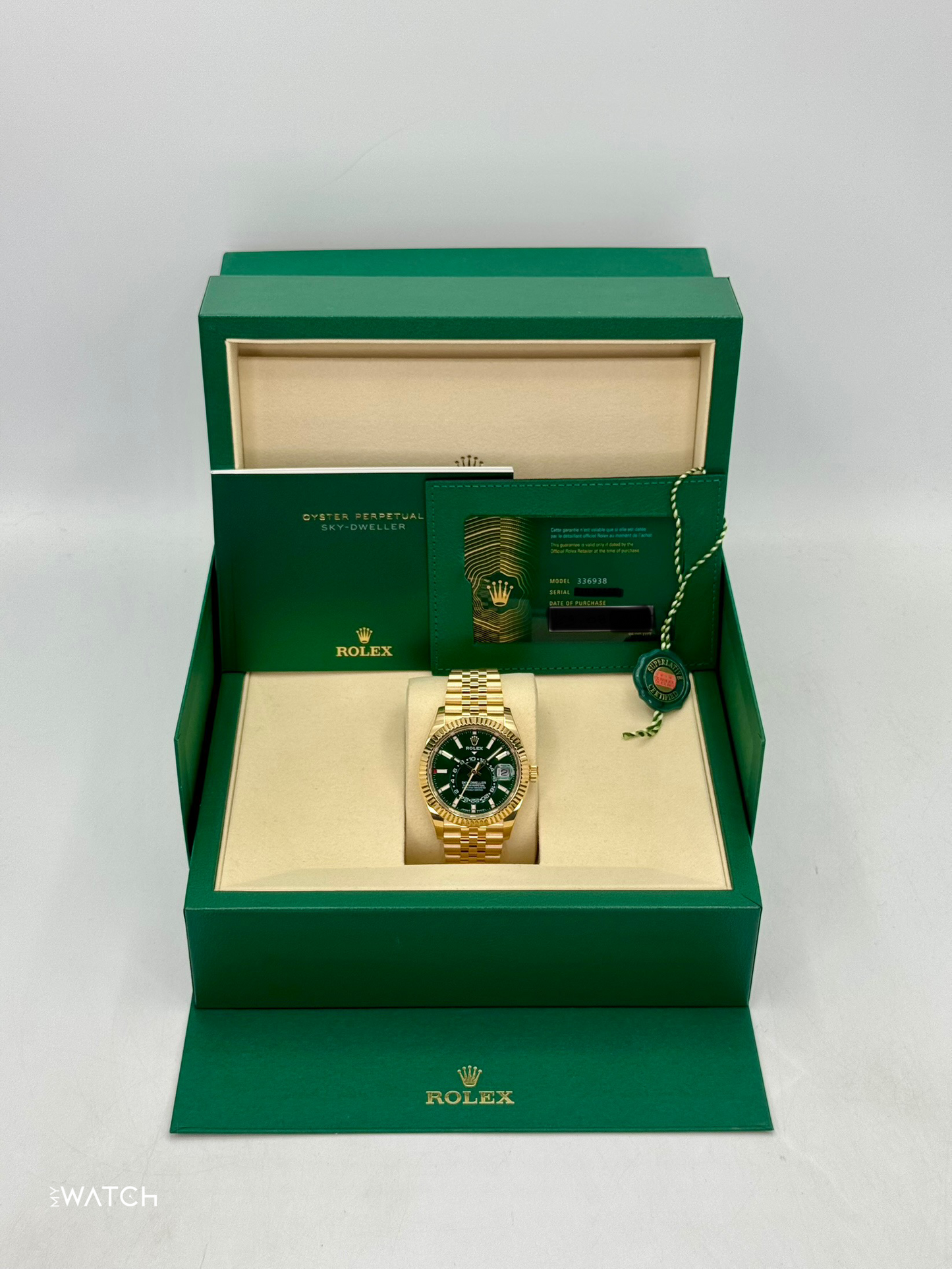 NEW 2025 Rolex Sky-Dweller 42mm 336938 Yellow Gold Jubilee Green Dial - MyWatchLLC