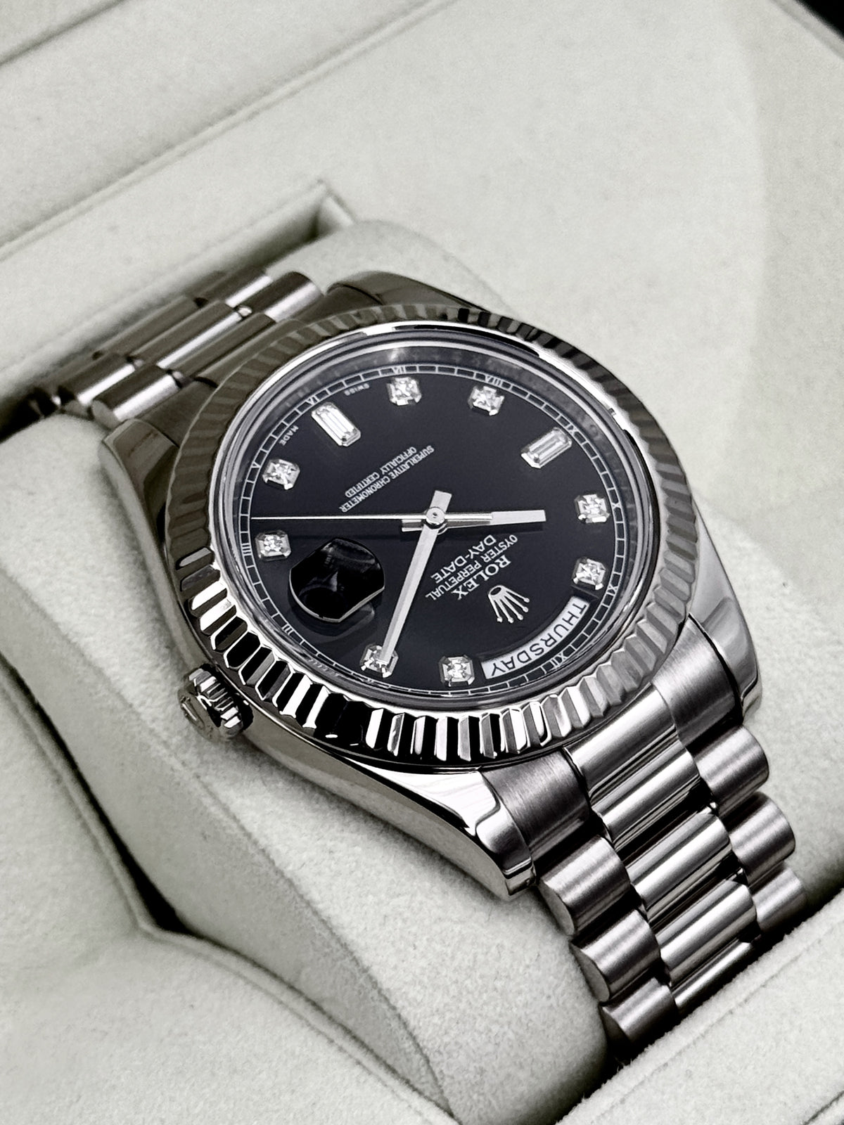 2011 Rolex Day-Date II 41mm 218239 White Gold Presidential Black Diamond Dial (CPO)
