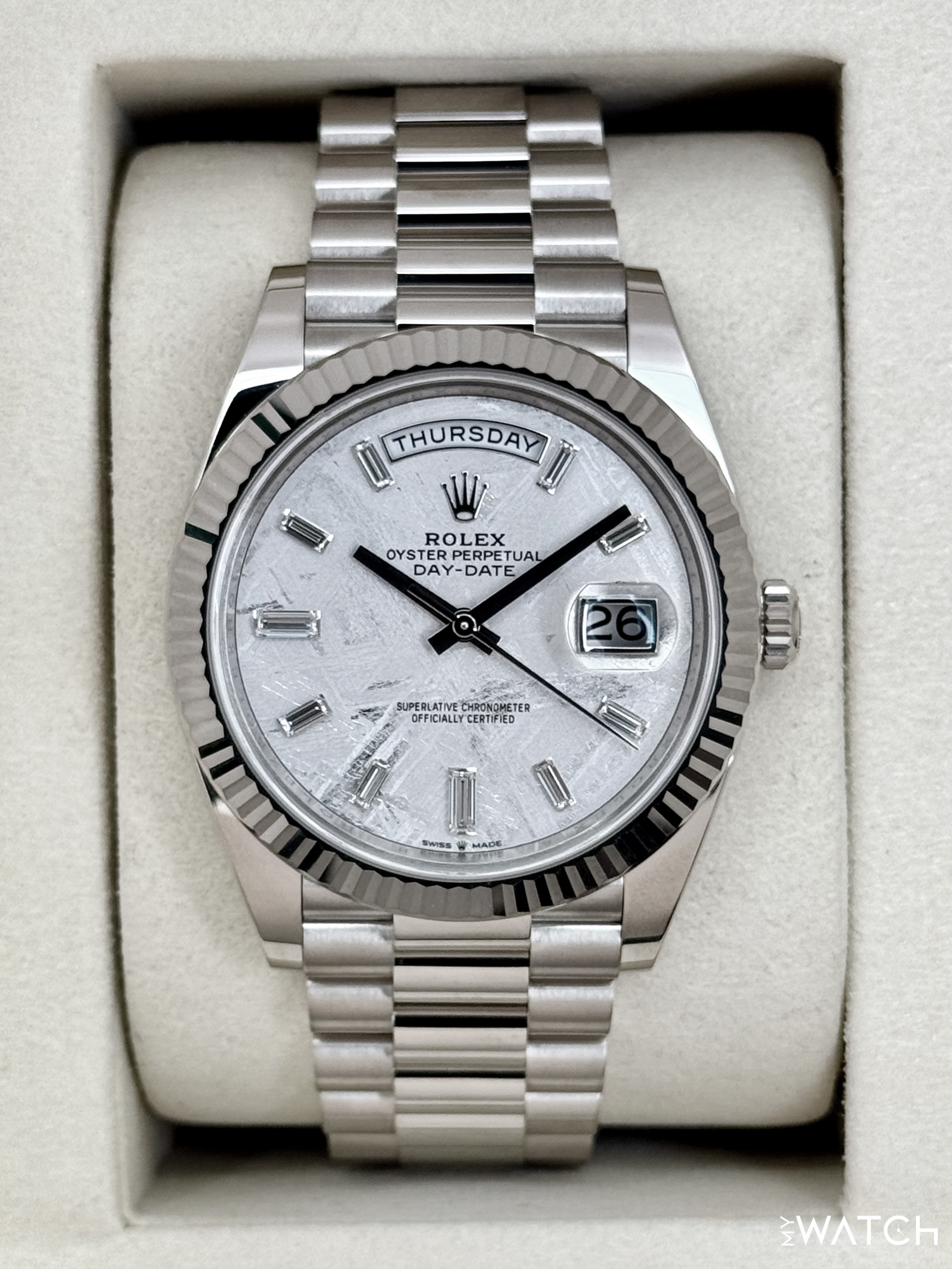 NEW 2026 Rolex Day-Date 40mm 228239 Presidential White Gold Meteorite Diamond Dial - MyWatchLLC