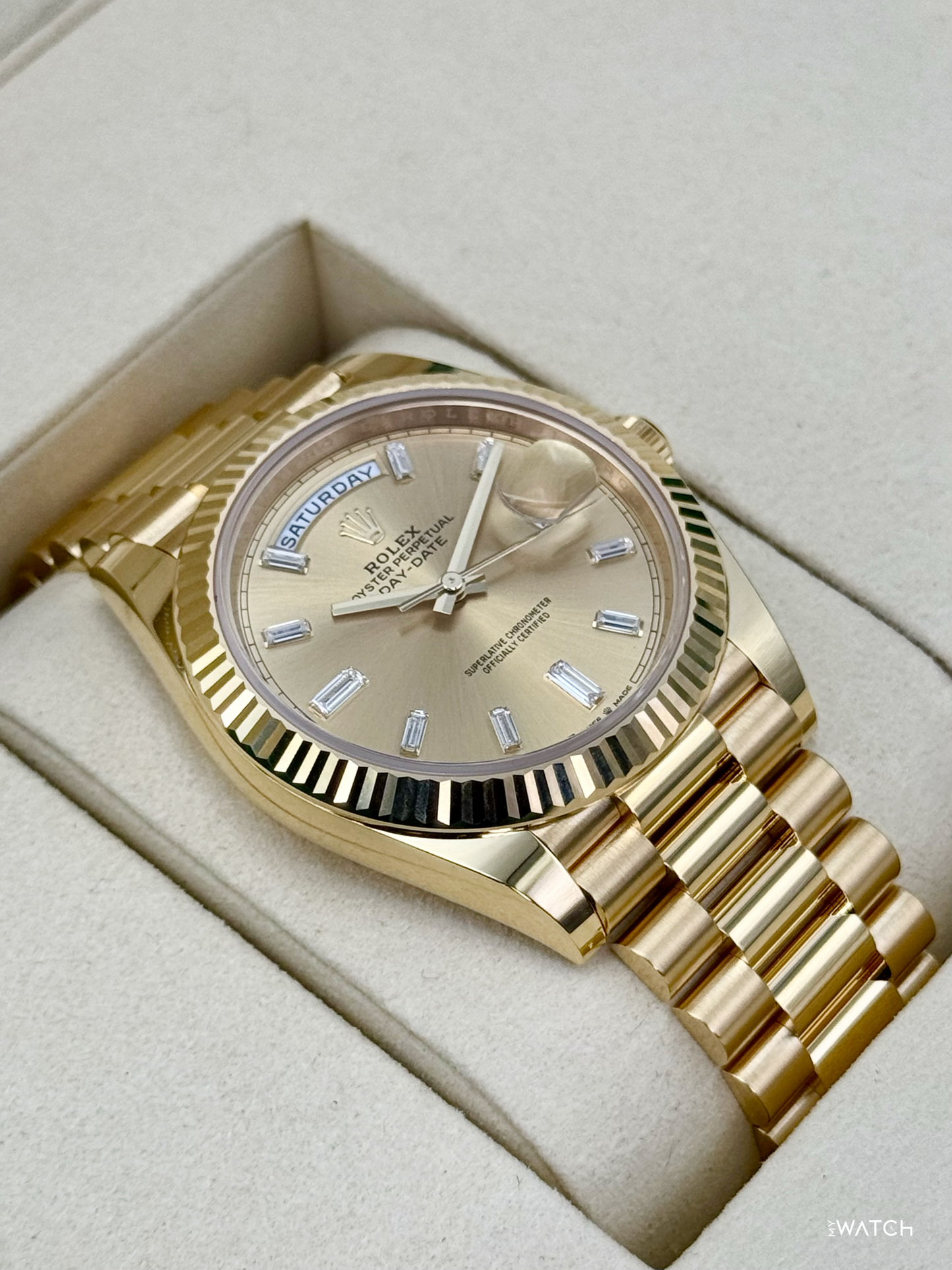 NEW 2026 Rolex Day-Date 40mm 228238 Champagne Diamond Baguette Dial - MyWatchLLC