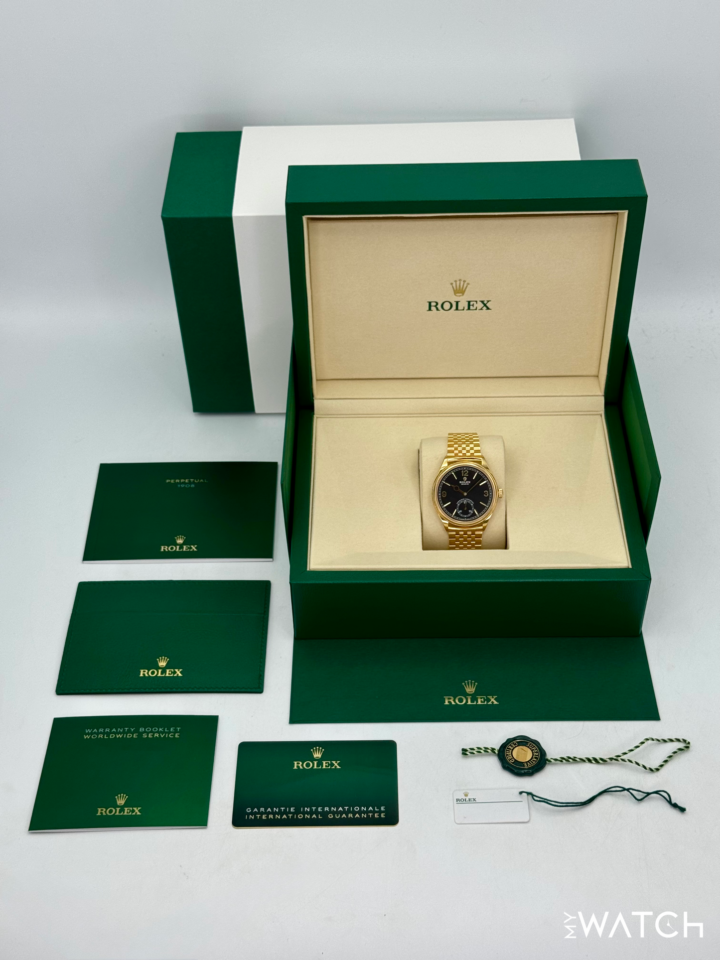 NEW 2025 Rolex 1908 39mm 52508 Yellow Gold Settimo Bracelet Black Dial