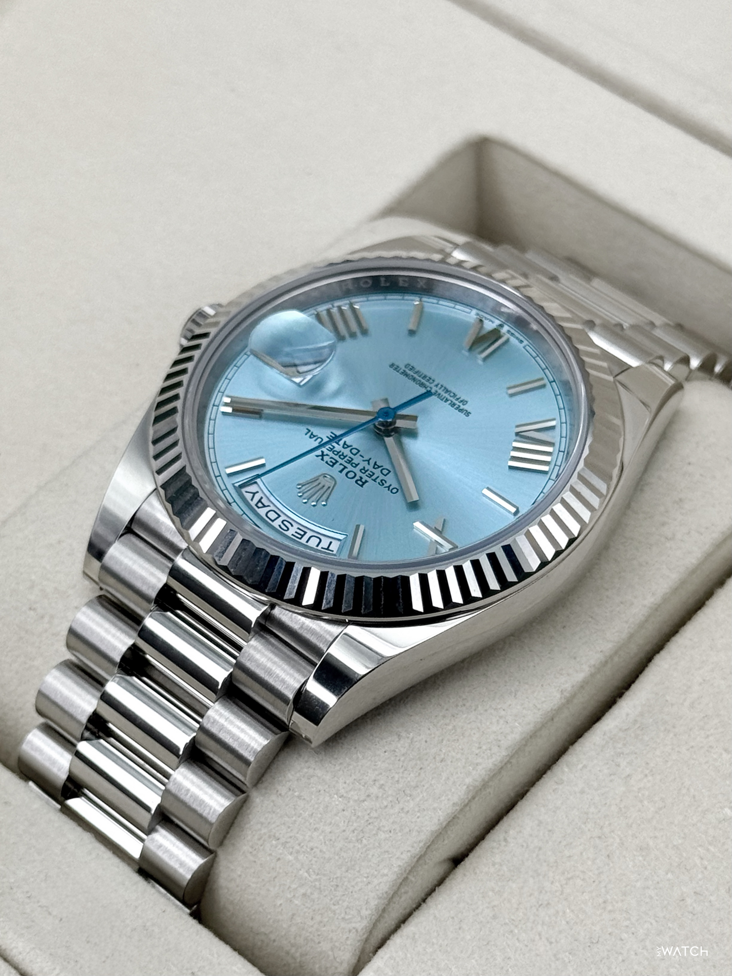 NEW 2026 Rolex Day-Date Platinum 40mm 228236 Ice Blue Roman Dial - MyWatchLLC
