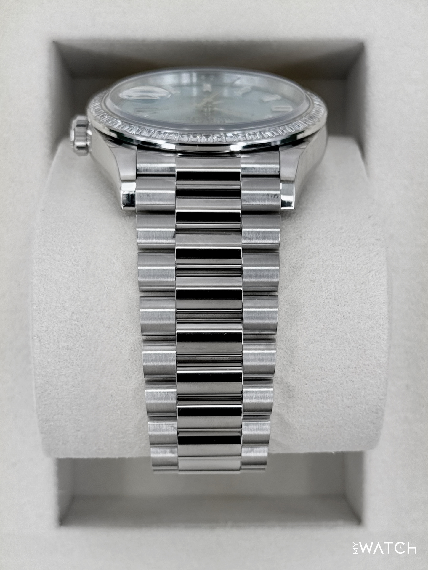 NEW 2025 Rolex Day-Date 36mm 128396TBR Ice Blue Diamond Baguette Dial