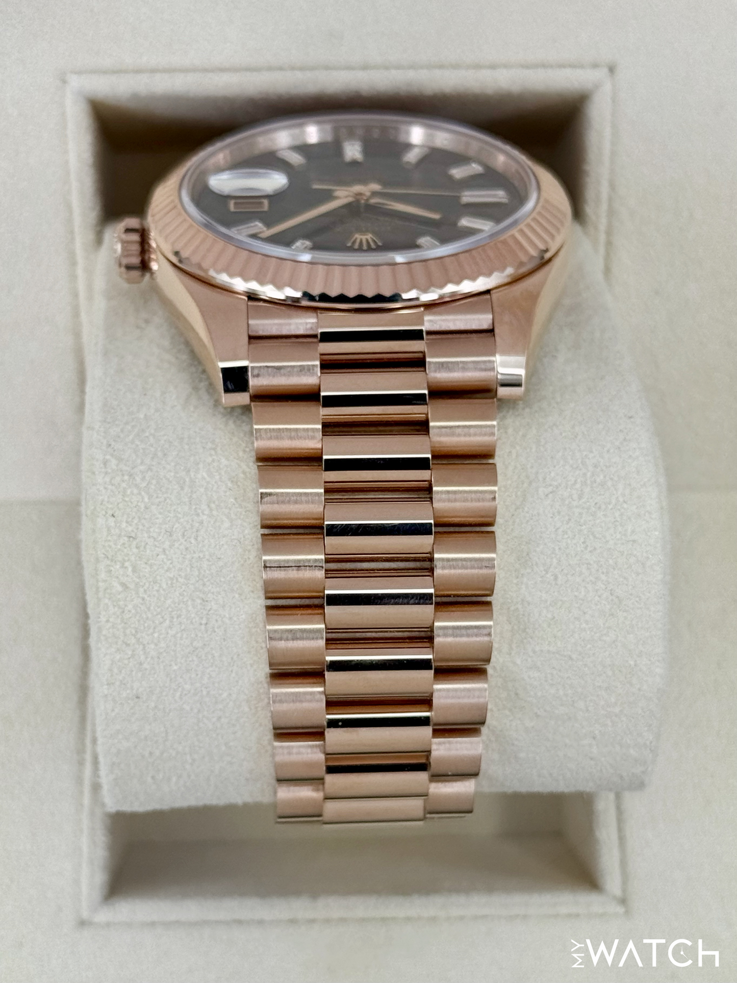 2023 Rolex Day-Date 40mm 228235 Rose Gold Eisenkiesal Baguette Dial