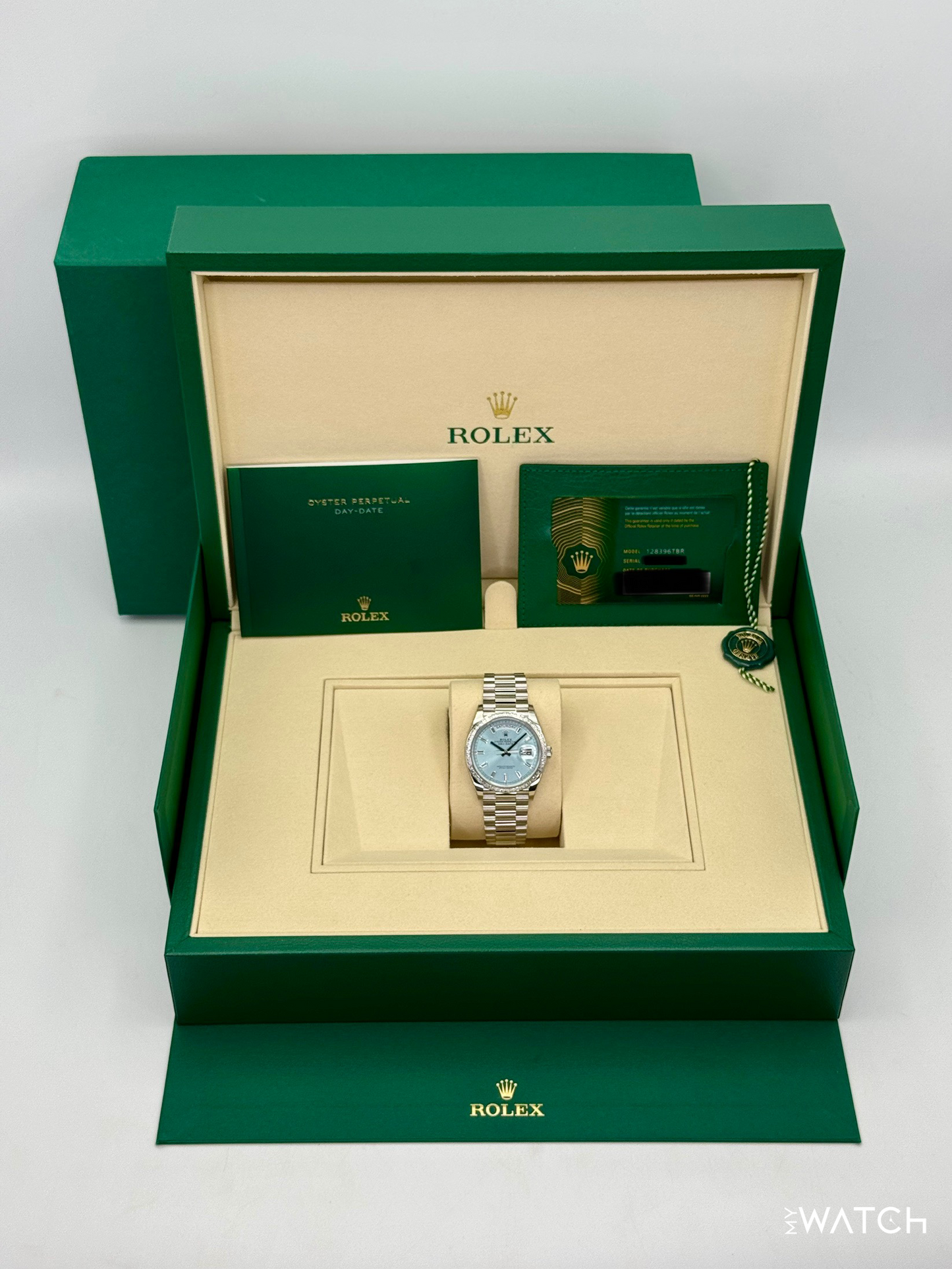 NEW 2025 Rolex Day-Date 36mm 128396TBR Ice Blue Diamond Baguette Dial