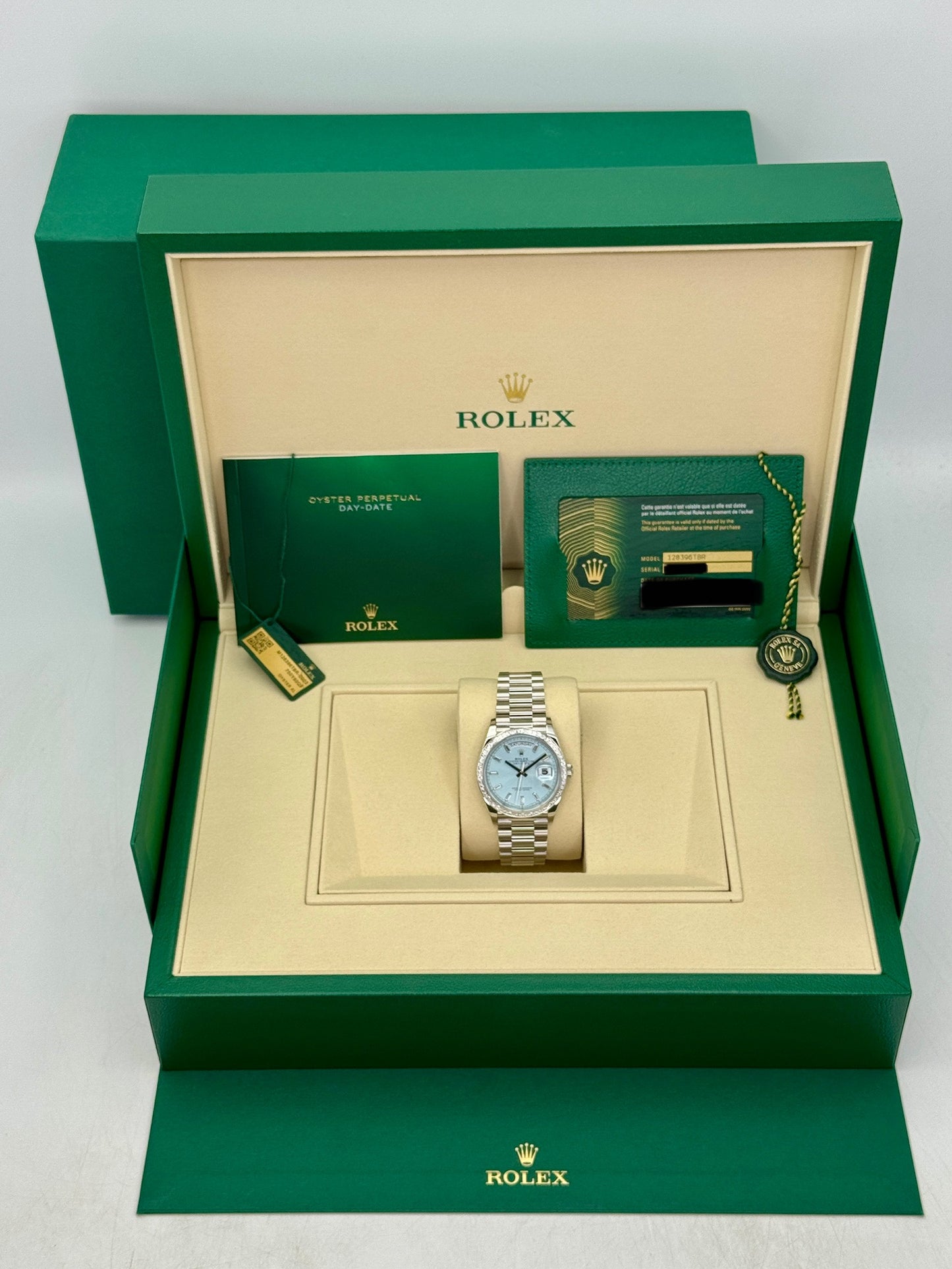 NEW 2026 Rolex Day-Date 36mm 128396TBR Ice Blue Roman Numeral Dial (NEW STYLE CARD)