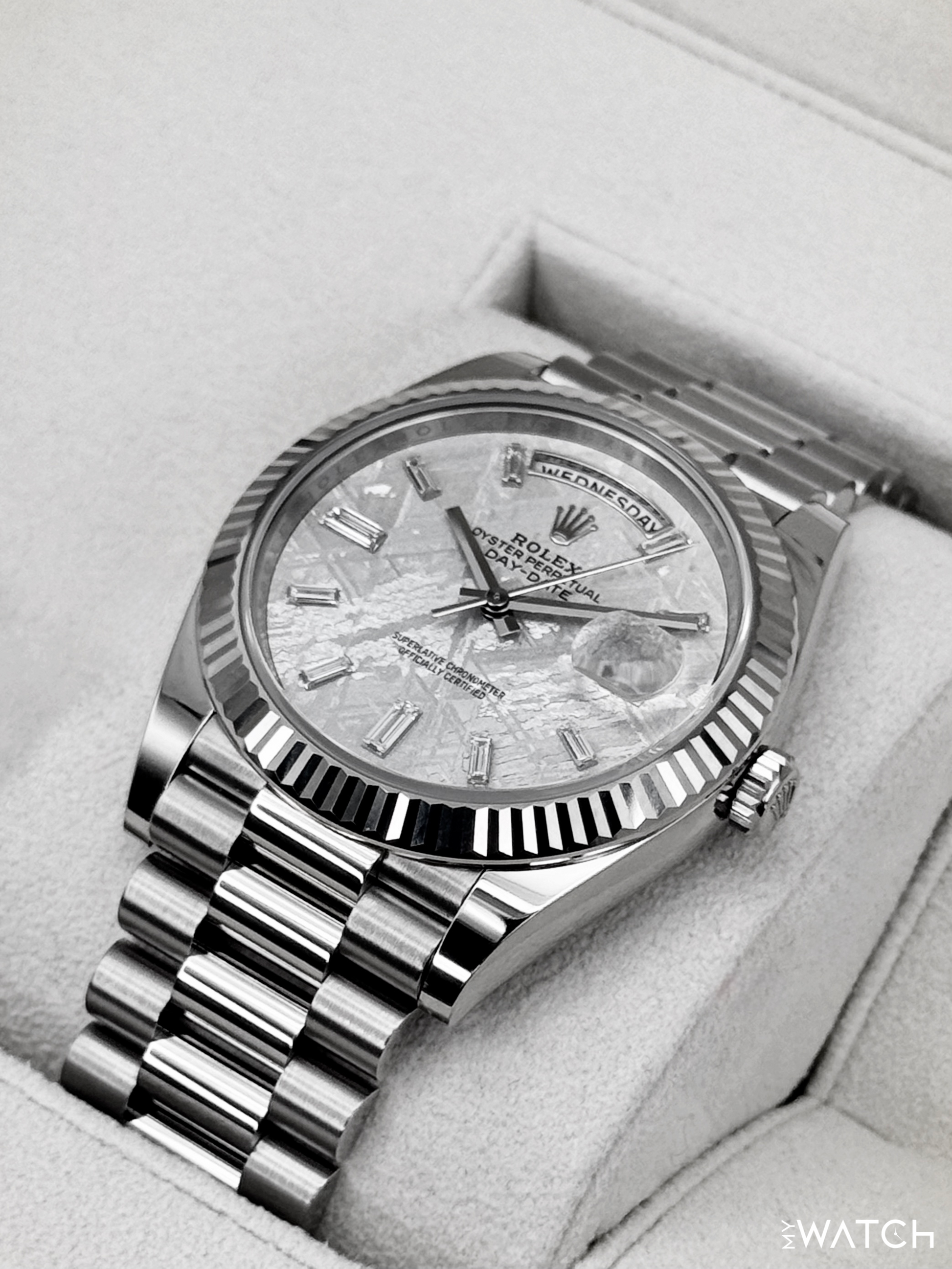 2025 Rolex Day-Date 40mm 228239 Presidential White Gold Meteorite Diamond Dial - MyWatchLLC