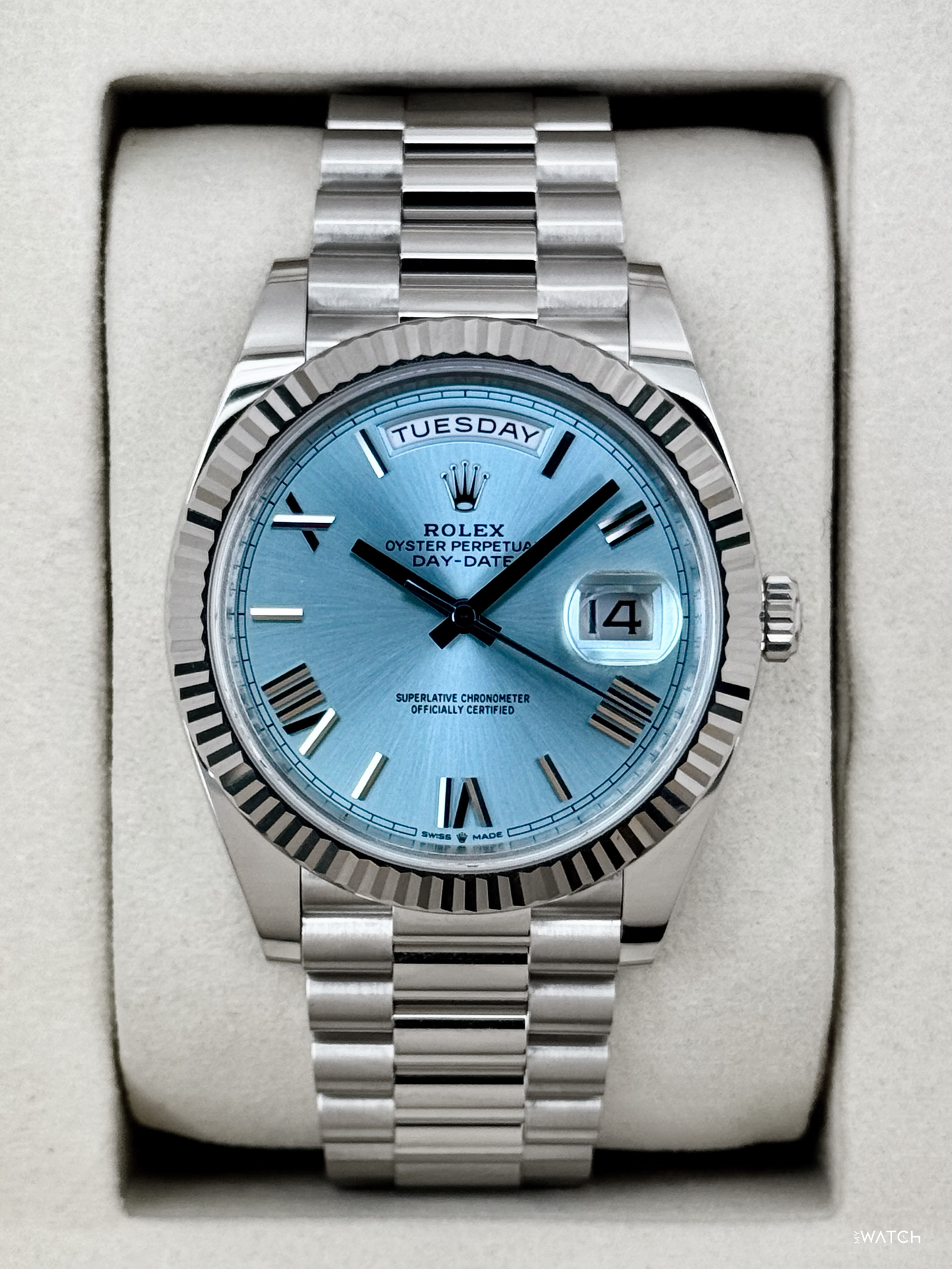 NEW 2026 Rolex Day-Date Platinum 40mm 228236 Ice Blue Roman Dial - MyWatchLLC