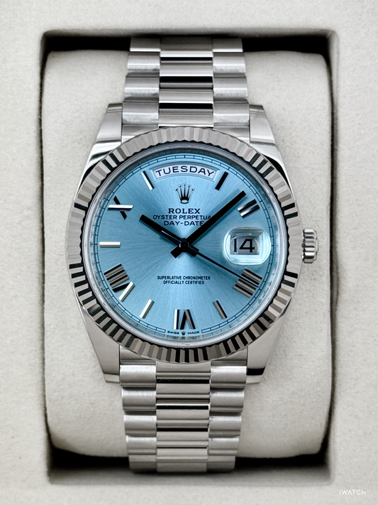 NEW 2026 Rolex Day-Date Platinum 40mm 228236 Ice Blue Roman Dial - MyWatchLLC