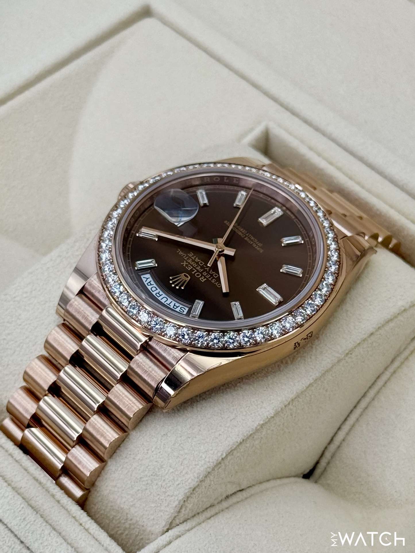2022 Rolex Day-Date 40mm 228345RBR Rose Gold Chocolate Diamond Dial (STICKERED)