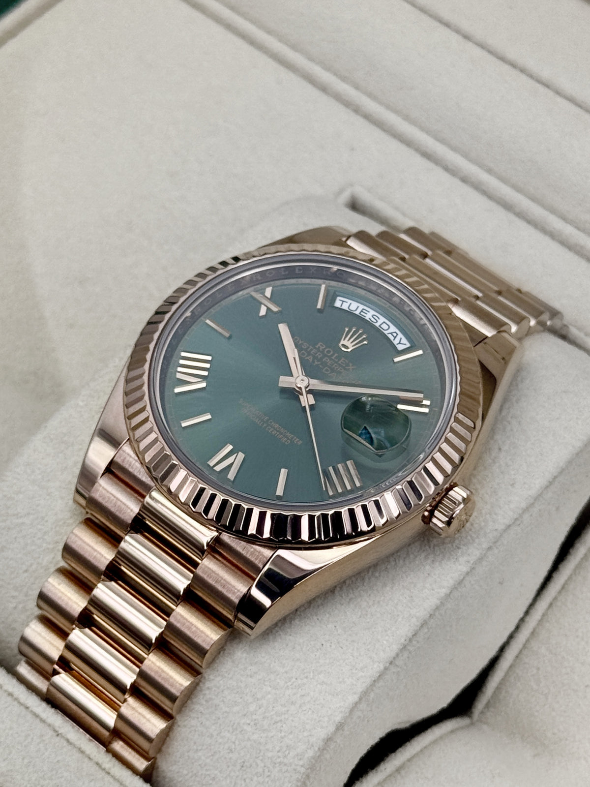 2021 Rolex Day-Date 40mm 228235 Presidential Rose Gold Olive Green Dial