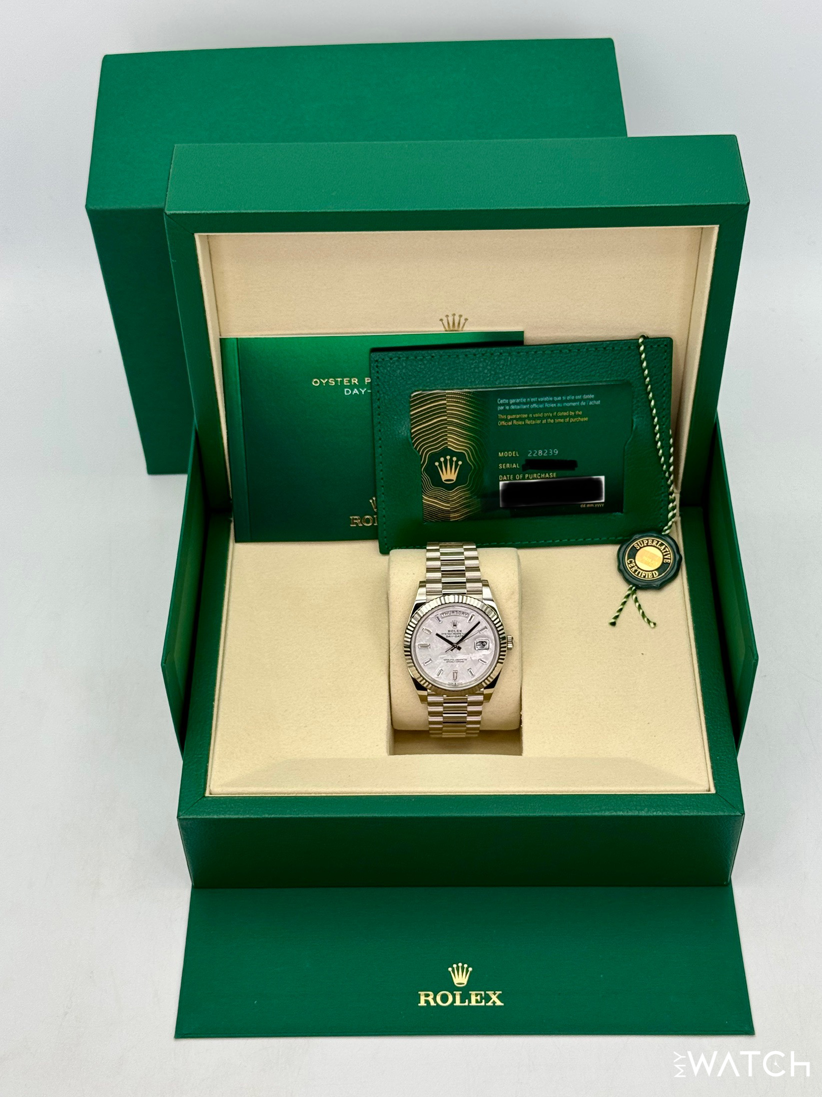 NEW 2026 Rolex Day-Date 40mm 228239 Presidential White Gold Meteorite Diamond Dial - MyWatchLLC