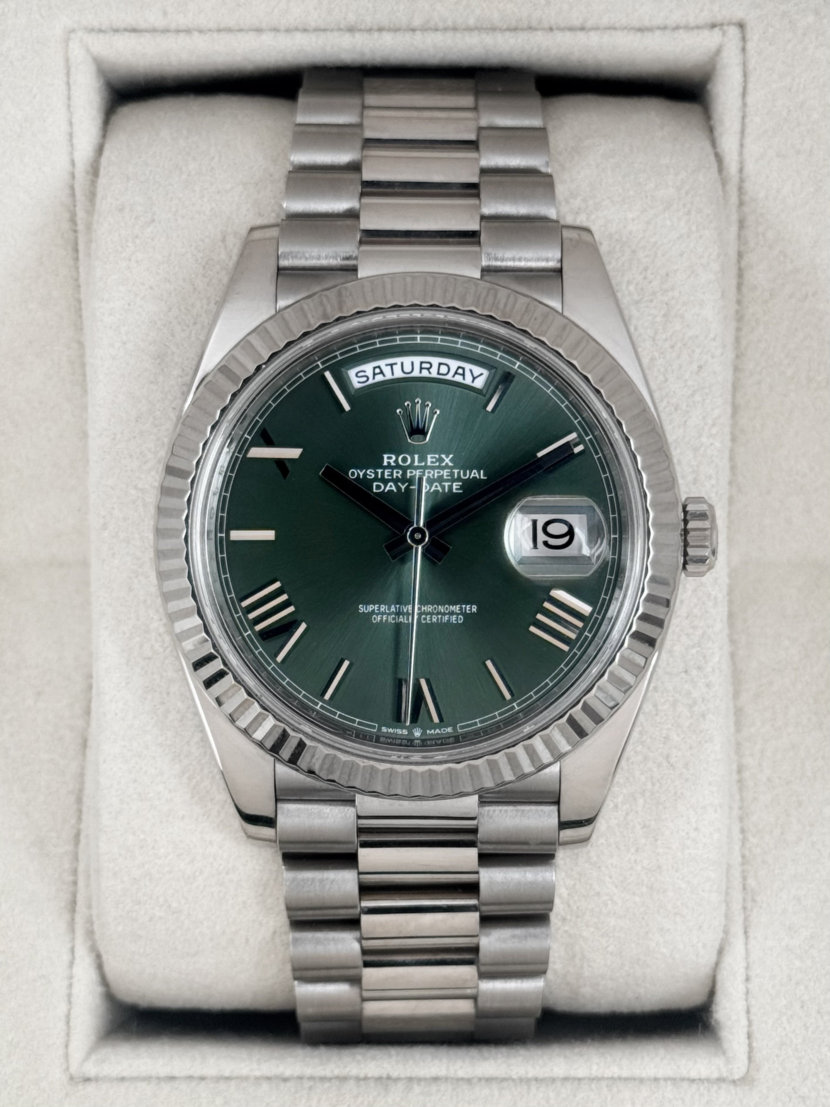 2020 Rolex Day-Date 40mm 228239 Presidential White Gold Olive Green Di
