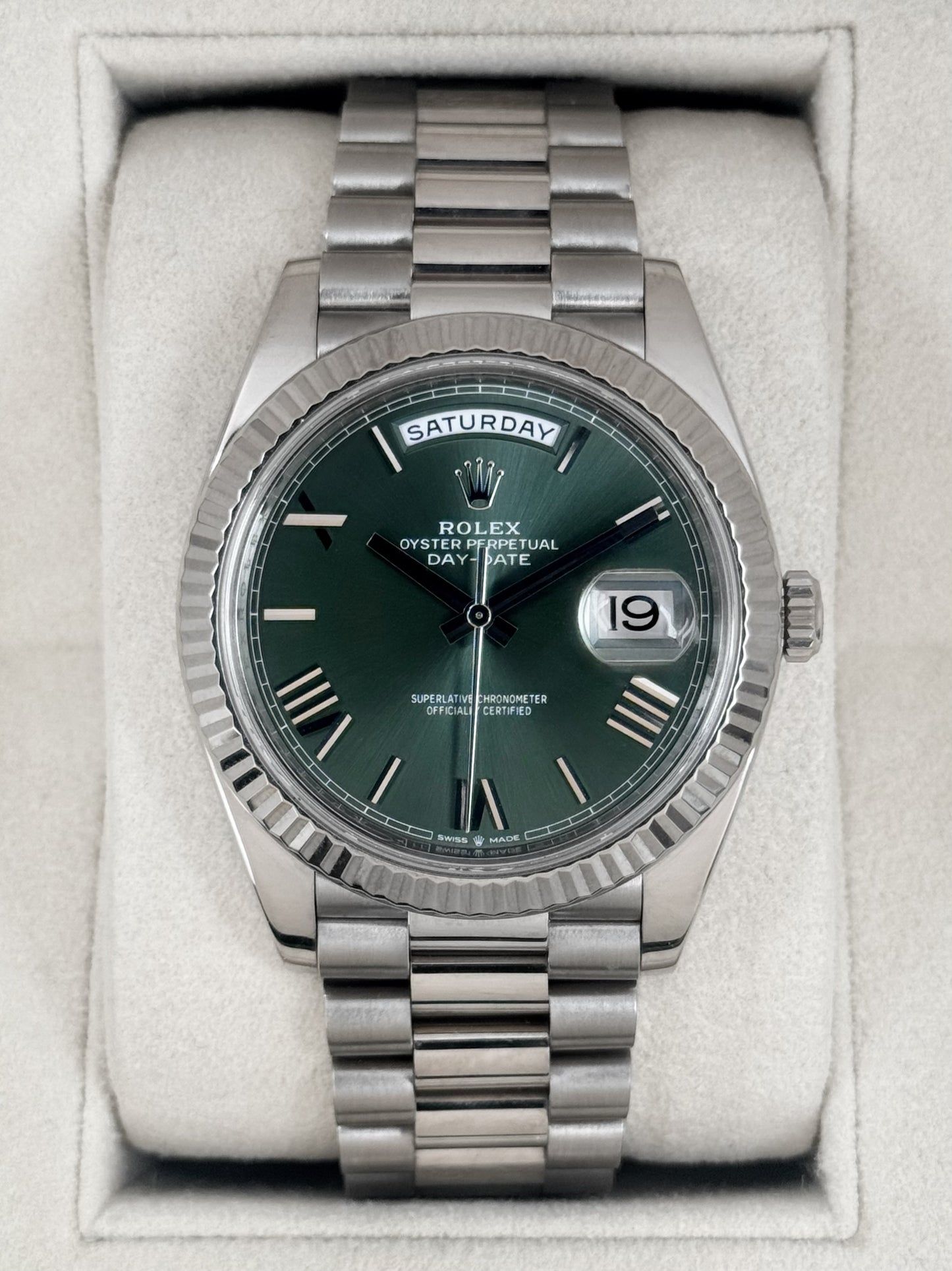 2020 Rolex Day-Date 40mm 228239 Presidential White Gold Olive Green Dial