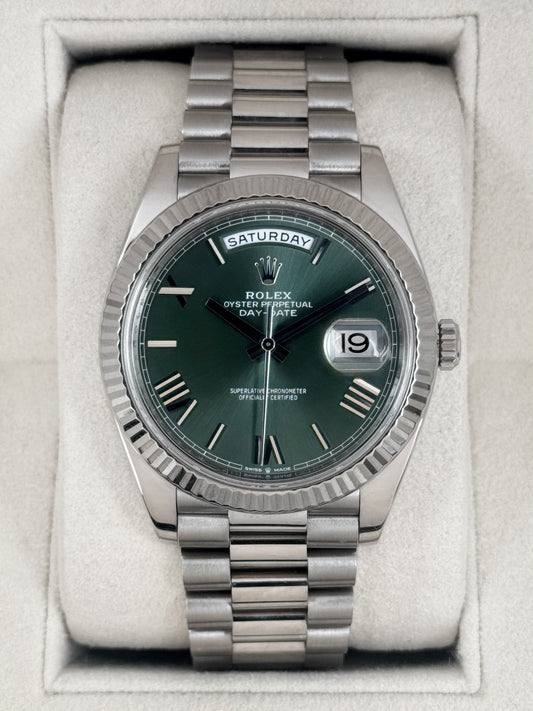 2020 Rolex Day-Date 40mm 228239 Presidential White Gold Olive Green Dial