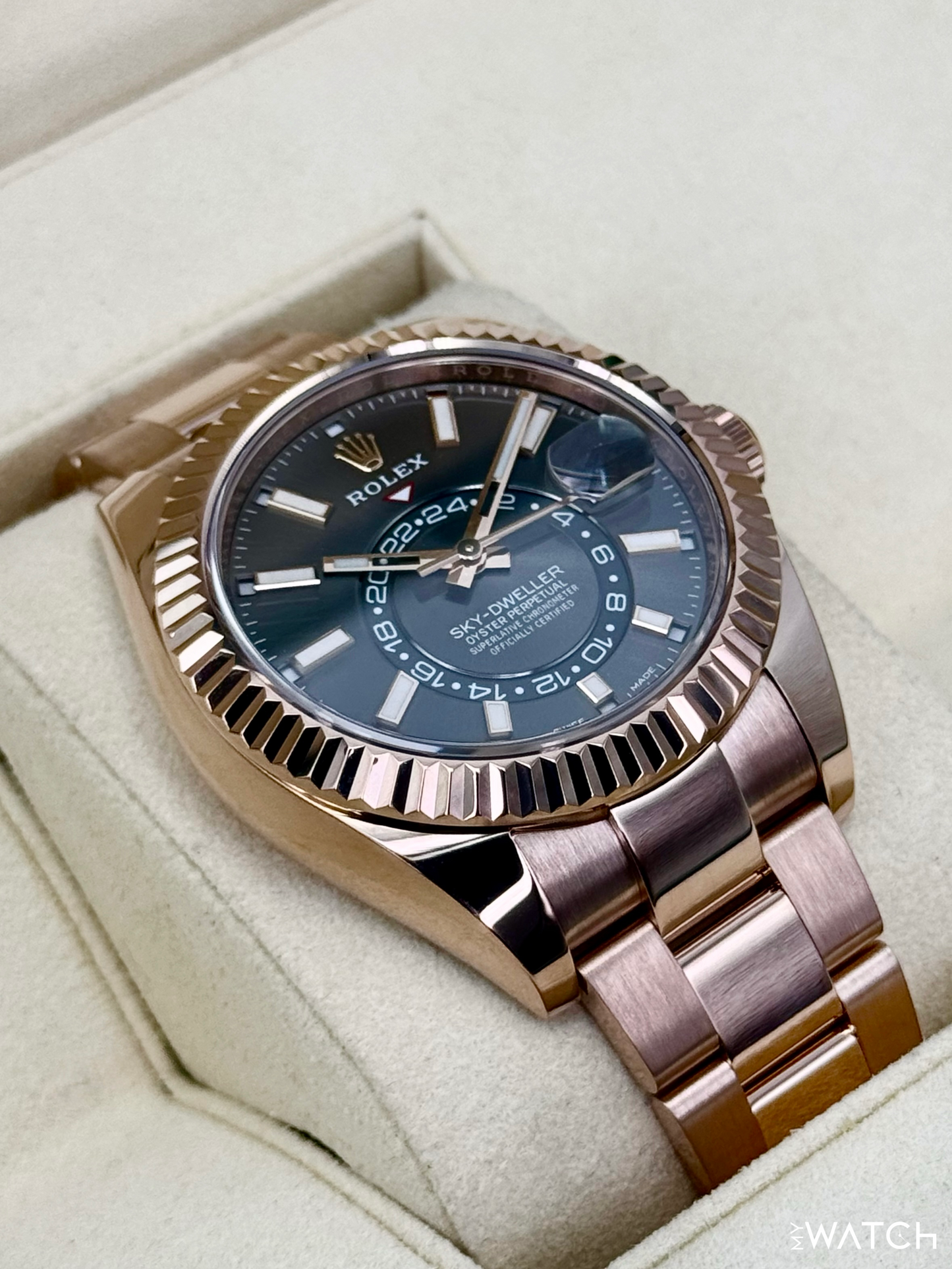 2019 Rolex Sky-Dweller 42mm 326935 Rose Gold Oyster Rhodium Dial - MyWatchLLC