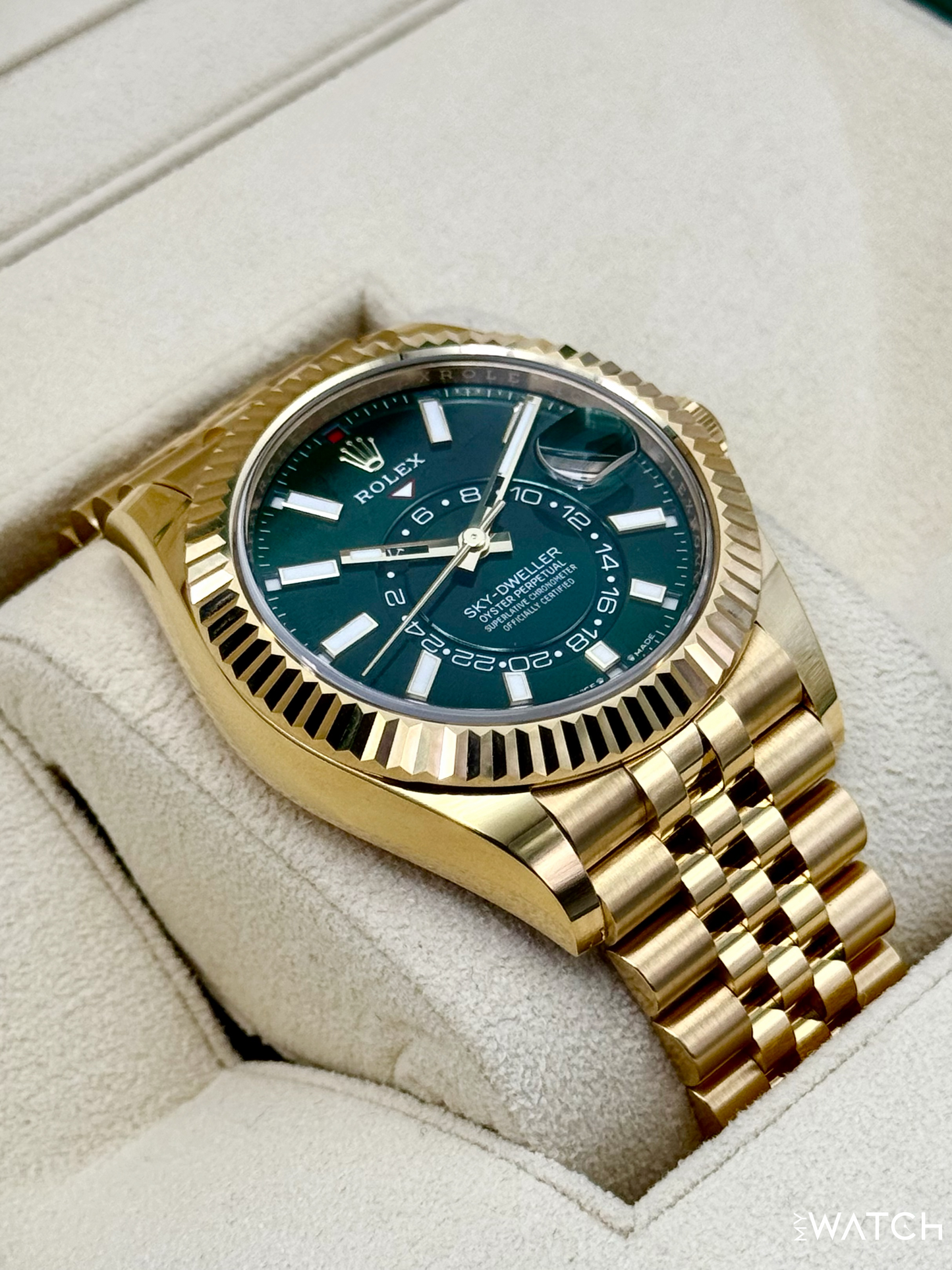 2025 Rolex Sky-Dweller 42mm 336938 Yellow Gold Jubilee Green Dial - MyWatchLLC