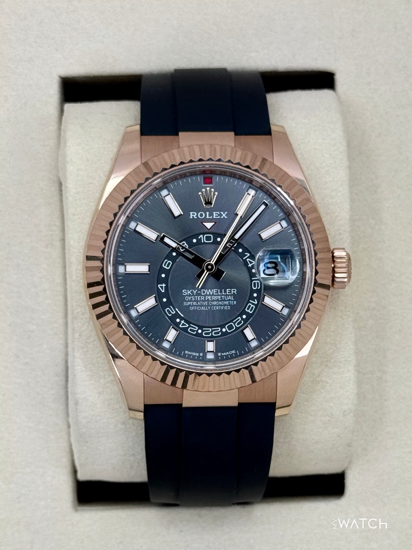 2025 Rolex Sky-Dweller 336235 Rose Gold Oysterflex Rhodium Dial - MyWatchLLC
